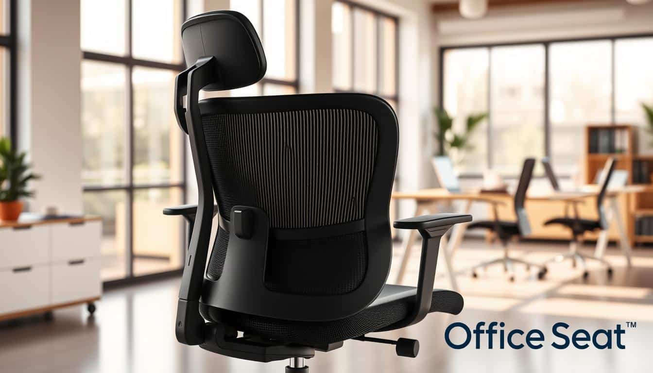 A modern ergonomic office chair, designed for comfort and functionality, prominently displayed in a bright and spacious office environment. The chair features adjustable lumbar support, breathable mesh fabric, and sleek armrests, showcasing a refined aesthetic suitable for prolonged use. In the foreground, the chair is angled slightly, allowing visibility of its design details, while in the middle ground, a clean desk with laptop and office supplies complements the scene. In the background, large windows let in natural light, enhancing the welcoming atmosphere. The mood is professional yet inviting, emphasizing the importance of health and productivity in the workplace. The brand logo "Office Seat" is subtly integrated into the corner of the image, ensuring clear visibility. A modern ergonomic office chair, designed for comfort and functionality, prominently displayed in a bright and spacious office environment. The chair features adjustable lumbar support, breathable mesh fabric, and sleek armrests, showcasing a refined aesthetic suitable for prolonged use. In the foreground, the chair is angled slightly, allowing visibility of its design details, while in the middle ground, a clean desk with laptop and office supplies complements the scene. In the background, large windows let in natural light, enhancing the welcoming atmosphere. The mood is professional yet inviting, emphasizing the importance of health and productivity in the workplace. The brand logo "Office Seat" is subtly integrated into the corner of the image, ensuring clear visibility.