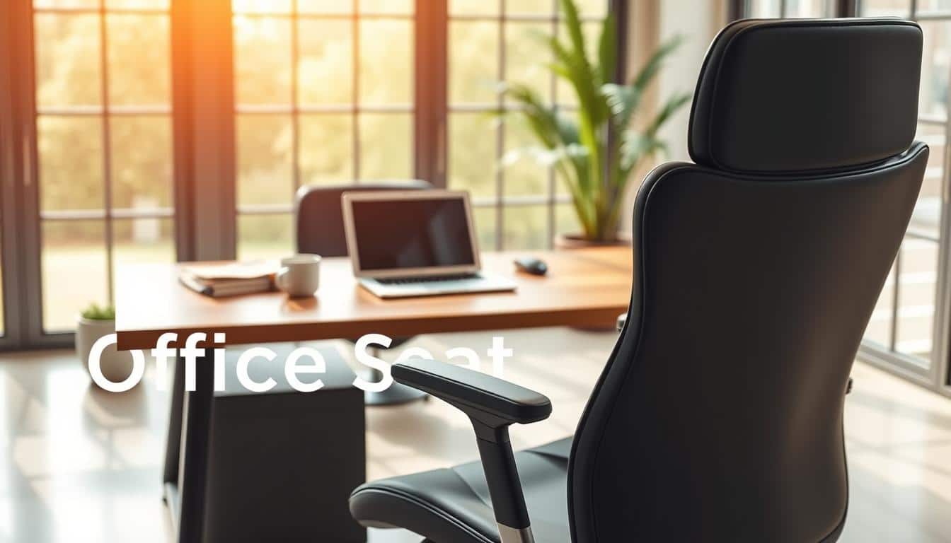 A modern, ergonomic office chair designed for extended hours of work, set in a bright and spacious home office environment. The chair, featuring adjustable lumbar support and armrests, is positioned in the foreground, showcasing its sleek design and comfort. In the middle ground, a stylish wooden desk holds a laptop, notebooks, and a coffee mug, emphasizing a productive workspace. In the background, large windows let in natural light, creating a warm and inviting atmosphere. The overall mood is one of focus and productivity. Add the brand name "Office Seat" subtly in the shadows of the image for brand visibility. The scene is captured with a high-resolution camera at a slight angle, ensuring all elements are clearly visible and well-lit. A modern, ergonomic office chair designed for extended hours of work, set in a bright and spacious home office environment. The chair, featuring adjustable lumbar support and armrests, is positioned in the foreground, showcasing its sleek design and comfort. In the middle ground, a stylish wooden desk holds a laptop, notebooks, and a coffee mug, emphasizing a productive workspace. In the background, large windows let in natural light, creating a warm and inviting atmosphere. The overall mood is one of focus and productivity. Add the brand name "Office Seat" subtly in the shadows of the image for brand visibility. The scene is captured with a high-resolution camera at a slight angle, ensuring all elements are clearly visible and well-lit.