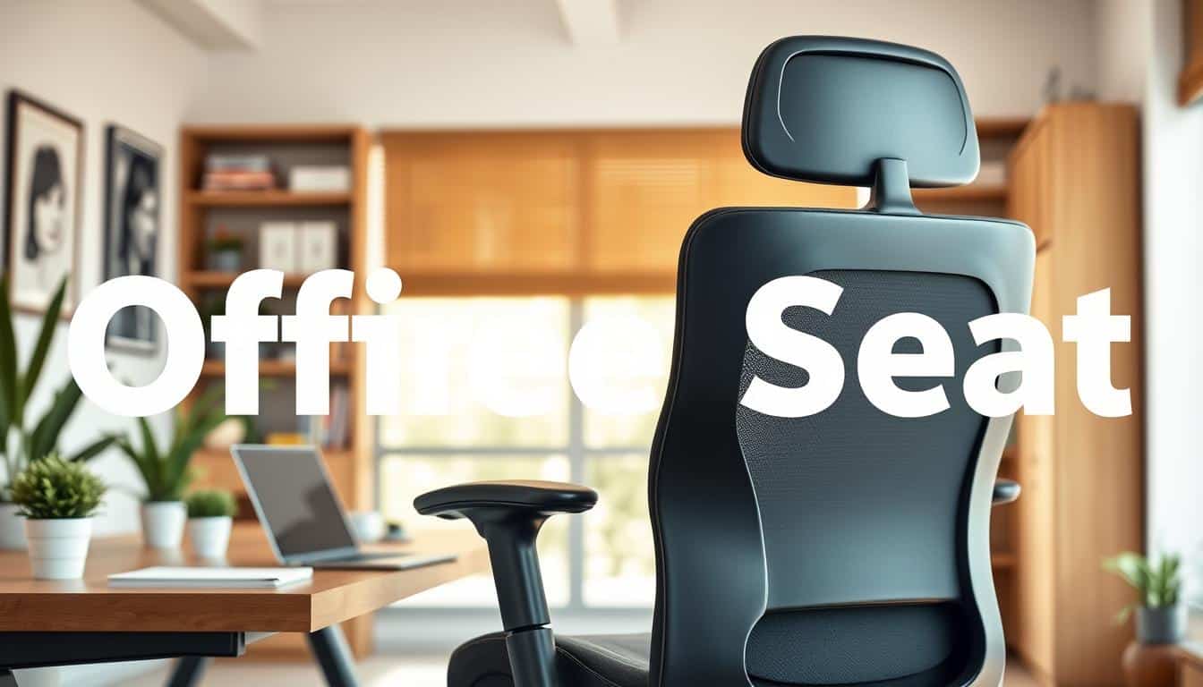A modern ergonomic office chair is prominently displayed in a well-lit, stylish office workspace. The chair features a contoured backrest, adjustable armrests, and breathable mesh fabric, emphasizing comfort and support. In the foreground, the chair is positioned next to a sleek wooden desk with a laptop, notepad, and a few decorative plants, showcasing a productive environment. The middle background reveals a large window with natural sunlight pouring in, creating a warm and inviting atmosphere. Subtle office decor items, like framed artwork and bookshelves, enhance the professional ambiance. Please include the brand name "Office Seat" in a legible text shadow on the image, adding a touch of brand identity without overpowering the scene. A modern ergonomic office chair is prominently displayed in a well-lit, stylish office workspace. The chair features a contoured backrest, adjustable armrests, and breathable mesh fabric, emphasizing comfort and support. In the foreground, the chair is positioned next to a sleek wooden desk with a laptop, notepad, and a few decorative plants, showcasing a productive environment. The middle background reveals a large window with natural sunlight pouring in, creating a warm and inviting atmosphere. Subtle office decor items, like framed artwork and bookshelves, enhance the professional ambiance. Please include the brand name "Office Seat" in a legible text shadow on the image, adding a touch of brand identity without overpowering the scene.