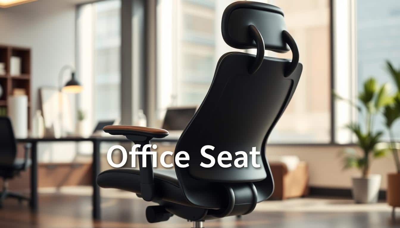 A modern executive office chair with an ergonomic design, featuring adjustable height and lumbar support, set against a sleek office environment. In the foreground, focus on the chair's unique contours and high-quality materials, showcasing its comfort and adaptability. In the middle ground, include a stylish desk with minimalistic accessories, hinting at a professional workspace. The background displays a bright, inviting office space with large windows letting in natural light, creating a warm atmosphere. Use a shallow depth of field to emphasize the chair while subtly blurring the surroundings. The image should evoke a sense of professionalism and modernity, with soft, flattering lighting. Position the brand name "Office Seat" clearly in an unobtrusive shadow text overlay.