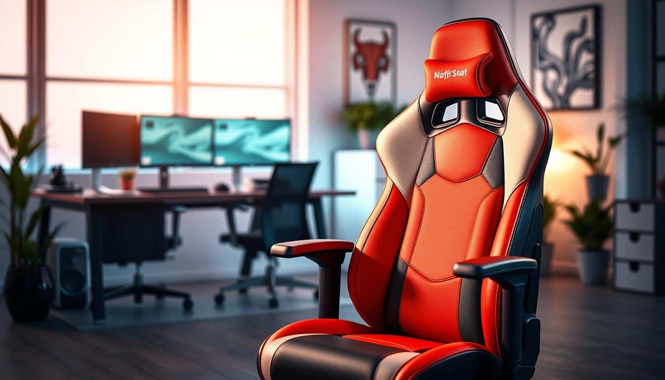 A modern gamer chair, designed with ergonomic features, sits prominently in the foreground, showcasing its sleek lines and vibrant color scheme. The chair is plush, featuring lumbar support and adjustable armrests, embodying a blend of comfort and style. In the middle ground, create a minimalist workstation setup with a stylish desk, dual monitors, and ambient lighting that casts a warm glow. The background includes a well-lit, modern office environment, with soft-focus decorative elements like plants and artwork, enhancing the atmosphere. Ensure the image conveys a sense of productivity and relaxation, highlighting the chair's dual appeal for both gaming and long office hours. Subtly include the brand name "Office Seat" in a legible text shadow, harmonizing with the overall composition. A modern gamer chair, designed with ergonomic features, sits prominently in the foreground, showcasing its sleek lines and vibrant color scheme. The chair is plush, featuring lumbar support and adjustable armrests, embodying a blend of comfort and style. In the middle ground, create a minimalist workstation setup with a stylish desk, dual monitors, and ambient lighting that casts a warm glow. The background includes a well-lit, modern office environment, with soft-focus decorative elements like plants and artwork, enhancing the atmosphere. Ensure the image conveys a sense of productivity and relaxation, highlighting the chair's dual appeal for both gaming and long office hours. Subtly include the brand name "Office Seat" in a legible text shadow, harmonizing with the overall composition.