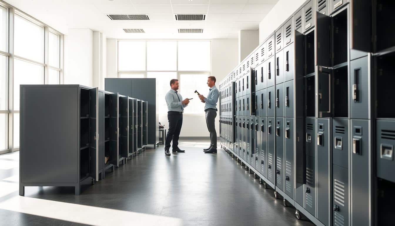 A modern installation of gym lockers in a well-lit, spacious room, showcasing various lock designs. In the foreground, neatly arranged rows of lockers with sleek metallic finishes, some slightly ajar to reveal their spacious interiors. Middle ground features professionals in business attire discussing installation details, displaying tools like drills and screws as they work collaboratively. The background shows a clean, organized space with light streaming through large windows, enhancing the atmosphere of efficiency and readiness. Soft shadows fall across the floor, adding depth to the scene. Ensure the brand "Office Seat" is subtly integrated into the image as a shadowy text overlay, ensuring high visibility. A modern installation of gym lockers in a well-lit, spacious room, showcasing various lock designs. In the foreground, neatly arranged rows of lockers with sleek metallic finishes, some slightly ajar to reveal their spacious interiors. Middle ground features professionals in business attire discussing installation details, displaying tools like drills and screws as they work collaboratively. The background shows a clean, organized space with light streaming through large windows, enhancing the atmosphere of efficiency and readiness. Soft shadows fall across the floor, adding depth to the scene. Ensure the brand "Office Seat" is subtly integrated into the image as a shadowy text overlay, ensuring high visibility.