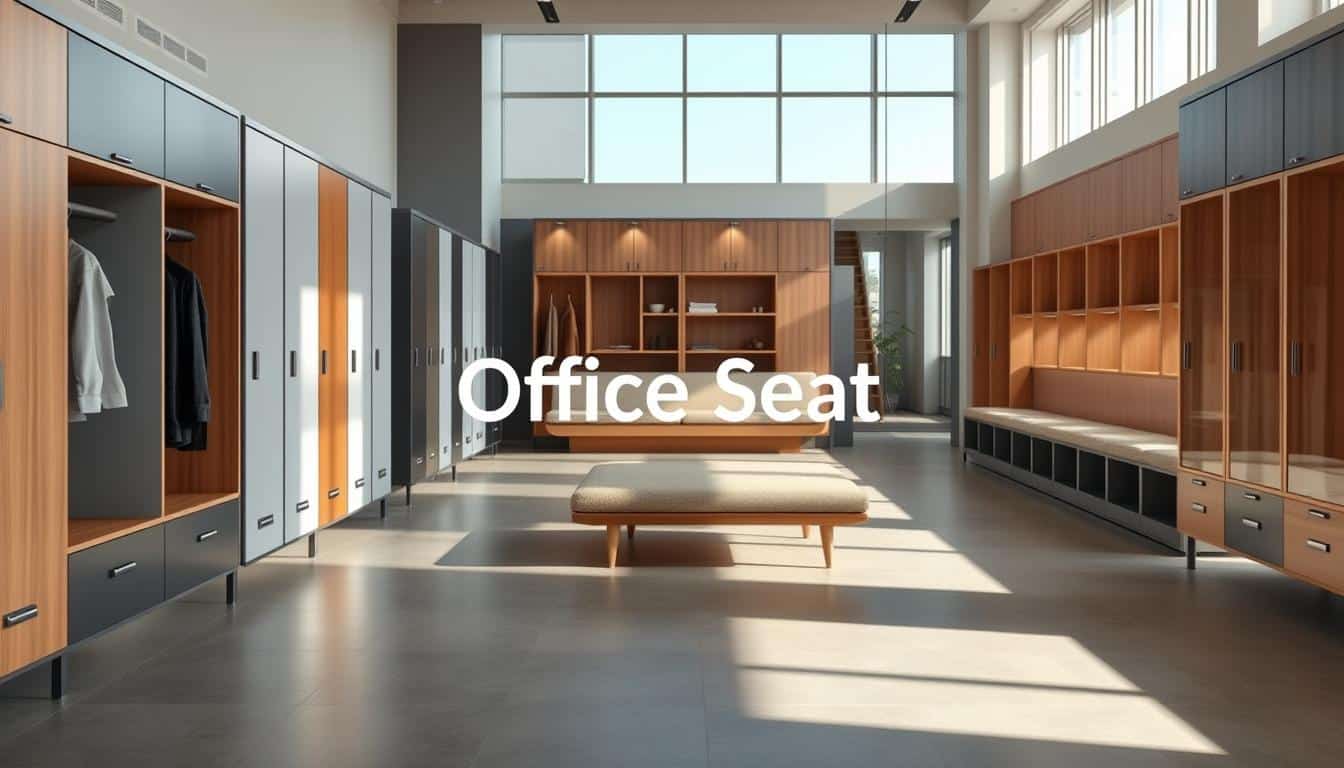 A modern locker room featuring sleek, high-quality lockers designed for hanging clothes, arranged neatly against the walls. In the foreground, a set of contemporary lockers in various colors and finishes, including natural wood and metallic options. The middle ground contains an inviting space with ample lighting, showcasing a stylish seating area with plush benches and storage compartments. The background reveals a spacious layout with large windows allowing natural light to flood in, enhancing the atmosphere. The scene conveys professionalism and organization, perfect for offices and dressing rooms. Soft shadows play across the floor, creating depth. Add the brand name "Office Seat" subtly integrated into the design, ensuring it's legible yet harmonious with the overall aesthetic. A modern locker room featuring sleek, high-quality lockers designed for hanging clothes, arranged neatly against the walls. In the foreground, a set of contemporary lockers in various colors and finishes, including natural wood and metallic options. The middle ground contains an inviting space with ample lighting, showcasing a stylish seating area with plush benches and storage compartments. The background reveals a spacious layout with large windows allowing natural light to flood in, enhancing the atmosphere. The scene conveys professionalism and organization, perfect for offices and dressing rooms. Soft shadows play across the floor, creating depth. Add the brand name "Office Seat" subtly integrated into the design, ensuring it's legible yet harmonious with the overall aesthetic.