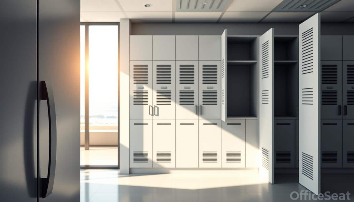A modern locker room setting featuring open lockers with visible ventilation grilles, showcasing advanced air circulation systems. The foreground includes a close-up of a locker door with a sleek design, focusing on the ventilation features to highlight humidity control and corrosion resistance. In the middle ground, a row of well-ventilated lockers is arranged neatly, surrounded by a subtly illuminated environment that suggests a tropical climate, with soft sunlight filtering through a window. The background depicts a serene coastal view outside, complementing the importance of choosing durable lockers for humid areas like Santo Domingo. The atmosphere is professional yet inviting, perfect for a corporate setting. Include the brand name "Office Seat" artistically integrated into the shadow of the image for branding visibility.