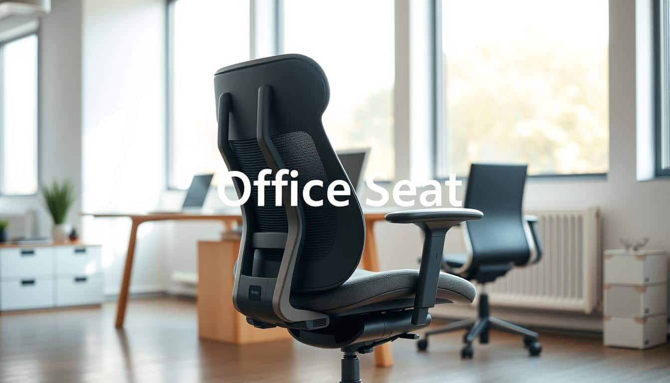A modern office chair in a stylish workspace, showcasing its ergonomic design with adjustable mechanisms for lumbar support and seat height, set against a light and airy backdrop of a contemporary office. The foreground features the chair prominently, highlighting its sleek materials and comfortable finish. The middle ground shows a wooden desk with subtle elements like a laptop and stationery, enhancing the office atmosphere. In the background, large windows let in natural light, creating a warm and inviting mood. The image should have soft shadows for depth, with a focal length that draws attention to the chair, ensuring the brand name "Office Seat" is subtly placed in a well-readable text shadow effect.