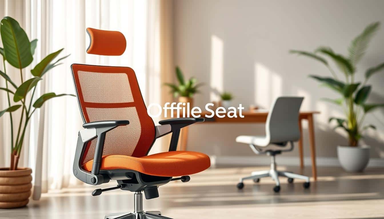 A modern office chair showcased prominently in the foreground, featuring durable materials and a comfortable upholstery designed for tropical climates. The chair should have ergonomic contours, breathable fabric, and vibrant colors that reflect a professional yet inviting atmosphere. In the middle ground, a stylish office setting with a minimalist desk and potted plants that suggest a warm environment. The background includes soft window light filtering through sheer curtains, creating a bright and airy feel. The image conveys a sense of tranquility and focus, ideal for a workspace. Add the brand name "Office Seat" subtly integrated into the scene's shadows, ensuring the text is legible but not intrusive.