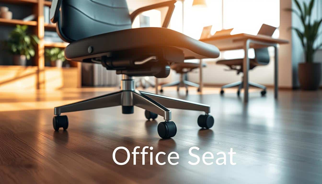 A modern office chair with clear physical details, showcasing its wheels prominently on a smooth wooden floor. The foreground features the chair's sleek design, emphasizing the stability of its five wheels, all in excellent condition. In the middle ground, softly blurred office ambiance with a bright, inviting workspace, incorporating elements like a desk and tasteful decorations. The background reveals a well-lit window casting natural light, enhancing the professional atmosphere. Capture the scene with a warm color palette to evoke a sense of reliability and productivity. The brand name "Office Seat" is subtly integrated into the floor shadows, ensuring it remains sleek and legible without detracting from the chair’s focus.