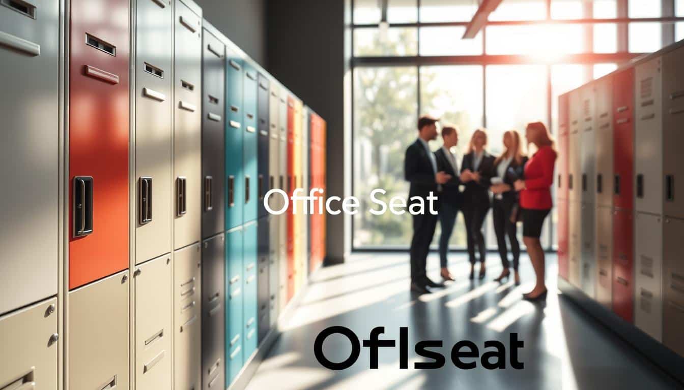 A modern office environment featuring a row of high-quality lockers made of durable metal, showcasing a variety of colors and styles. In the foreground, highlight a close-up of a locker with a prominent warranty badge, emphasizing its reliability. The middle ground includes a diverse group of business professionals, dressed in smart, professional attire, discussing the lockers’ features. In the background, large windows allow natural light to flood the space, creating a bright and inviting atmosphere. The scene should convey a sense of trust and sophistication, with soft shadows enhancing the details of the lockers. Include the brand name "Office Seat" subtly incorporated in the image's shadow, ensuring it is clearly legible.
