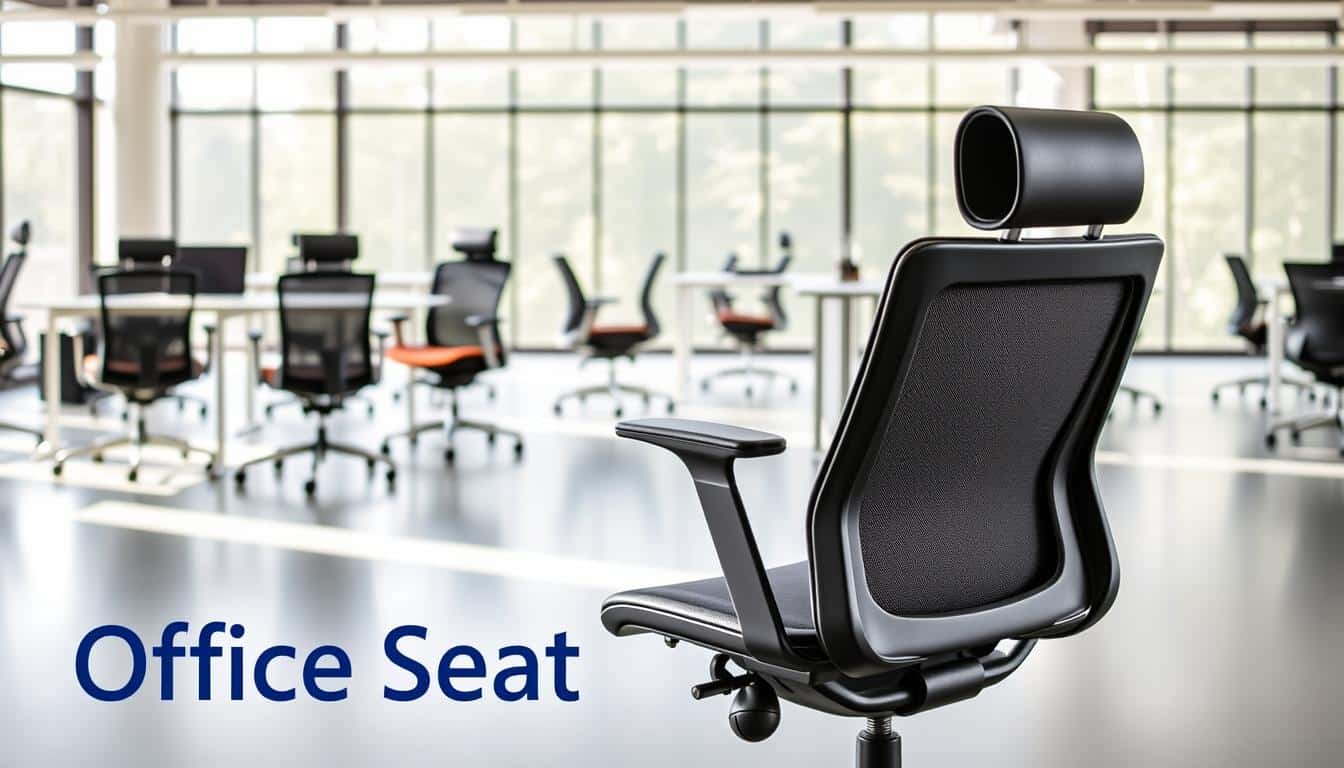 A modern office environment featuring a variety of stylish office chairs, showcasing different types such as ergonomic, executive, and task chairs, all neatly arranged in a well-lit, spacious workspace. In the foreground, a sleek ergonomic chair with adjustable features is highlighted, while executive and task chairs are visible in the middle ground, creating a visually appealing comparison. The background shows large windows allowing natural light to illuminate the scene, enhancing a professional and inviting atmosphere. The image should evoke a sense of choice and quality, emphasizing design aspects that influence purchasing decisions. Include the brand name “Office Seat” subtly in the corner with a soft shadow for clear visibility.