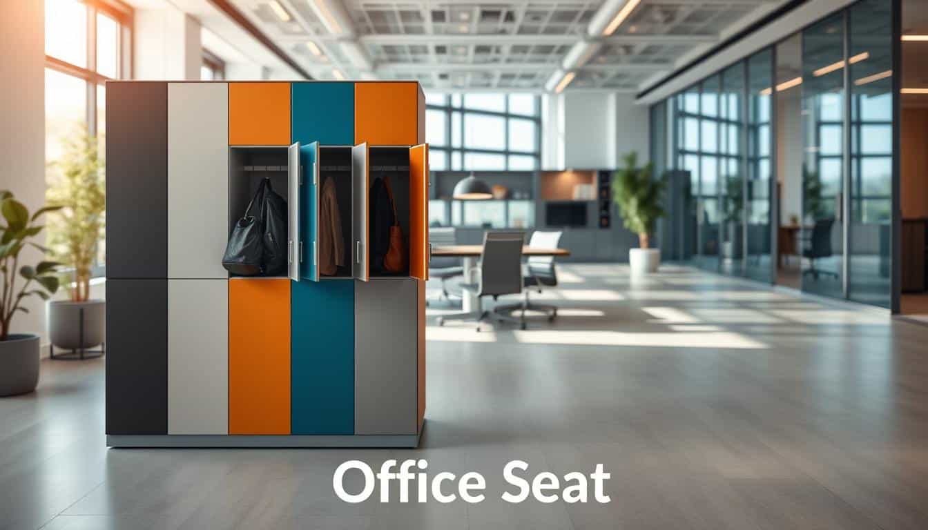 A modern office environment featuring sleek, multi-colored lockers designed for employee use. In the foreground, a set of sturdy lockers stands out with a polished finish, displaying their compartments slightly ajar, revealing personal items inside, like bags and jackets. In the middle ground, a spacious workspace illustrates the integration of these lockers into a corporate setting, with stylish office furniture and ambient lighting creating a warm atmosphere. The background shows large windows with natural light spilling in, enhancing the professional yet inviting vibe. The image embodies organization and security, ideal for workplaces, subtly incorporating the brand "Office Seat" in a clear, legible shadow text at the bottom. Use a soft focus lens effect to give the scene depth, ensuring a business-oriented and motivational mood. A modern office environment featuring sleek, multi-colored lockers designed for employee use. In the foreground, a set of sturdy lockers stands out with a polished finish, displaying their compartments slightly ajar, revealing personal items inside, like bags and jackets. In the middle ground, a spacious workspace illustrates the integration of these lockers into a corporate setting, with stylish office furniture and ambient lighting creating a warm atmosphere. The background shows large windows with natural light spilling in, enhancing the professional yet inviting vibe. The image embodies organization and security, ideal for workplaces, subtly incorporating the brand "Office Seat" in a clear, legible shadow text at the bottom. Use a soft focus lens effect to give the scene depth, ensuring a business-oriented and motivational mood.