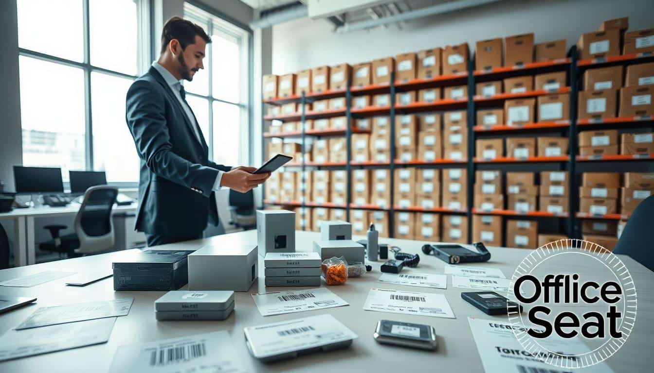 A modern office environment focused on asset tracking and inventory management. In the foreground, a well-organized table displays various assets like office furniture and equipment, each labeled with clear barcodes, QR codes, and RFID tags. A business professional in smart attire examines a tablet, showcasing a sophisticated asset management application. The middle ground features shelves lined with neatly organized boxes and labeled storage bins, creating a sense of order. The background presents large windows with natural light pouring in, illuminating the space and creating a productive atmosphere. Soft shadows enhance the three-dimensional effect, and the overall mood is one of efficiency and professionalism. The brand name "Office Seat" subtly embossed in the corner of the image adds a touch of branding.