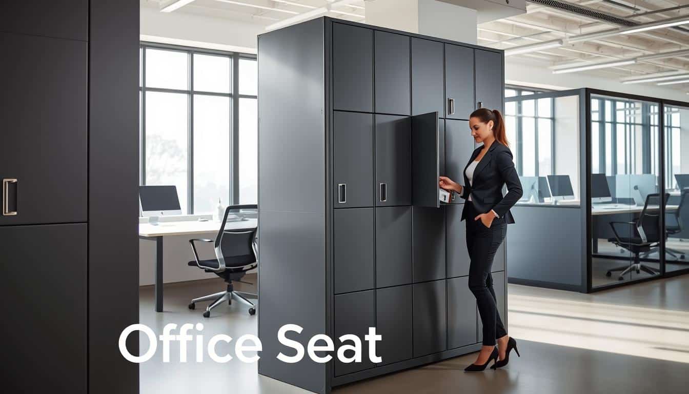 A modern office environment showcasing a row of stylish metallic lockers, designed for employee use in Dominican companies. The lockers are sleek, in various shades of gray, with a matte finish, neatly arranged in a well-lit space. In the foreground, a professional businesswoman in smart attire stands next to an open locker, organizing her belongings. The background features a contemporary office with ergonomic desks and glass partitions, bathed in natural light coming from large windows. The atmosphere is inviting and productive, suggesting teamwork and organization. Soft shadows enhance the depth of the image. Overlay the brand name "Office Seat" in legible text at the bottom corner, ensuring it is integrated seamlessly into the design. A modern office environment showcasing a row of stylish metallic lockers, designed for employee use in Dominican companies. The lockers are sleek, in various shades of gray, with a matte finish, neatly arranged in a well-lit space. In the foreground, a professional businesswoman in smart attire stands next to an open locker, organizing her belongings. The background features a contemporary office with ergonomic desks and glass partitions, bathed in natural light coming from large windows. The atmosphere is inviting and productive, suggesting teamwork and organization. Soft shadows enhance the depth of the image. Overlay the brand name "Office Seat" in legible text at the bottom corner, ensuring it is integrated seamlessly into the design.