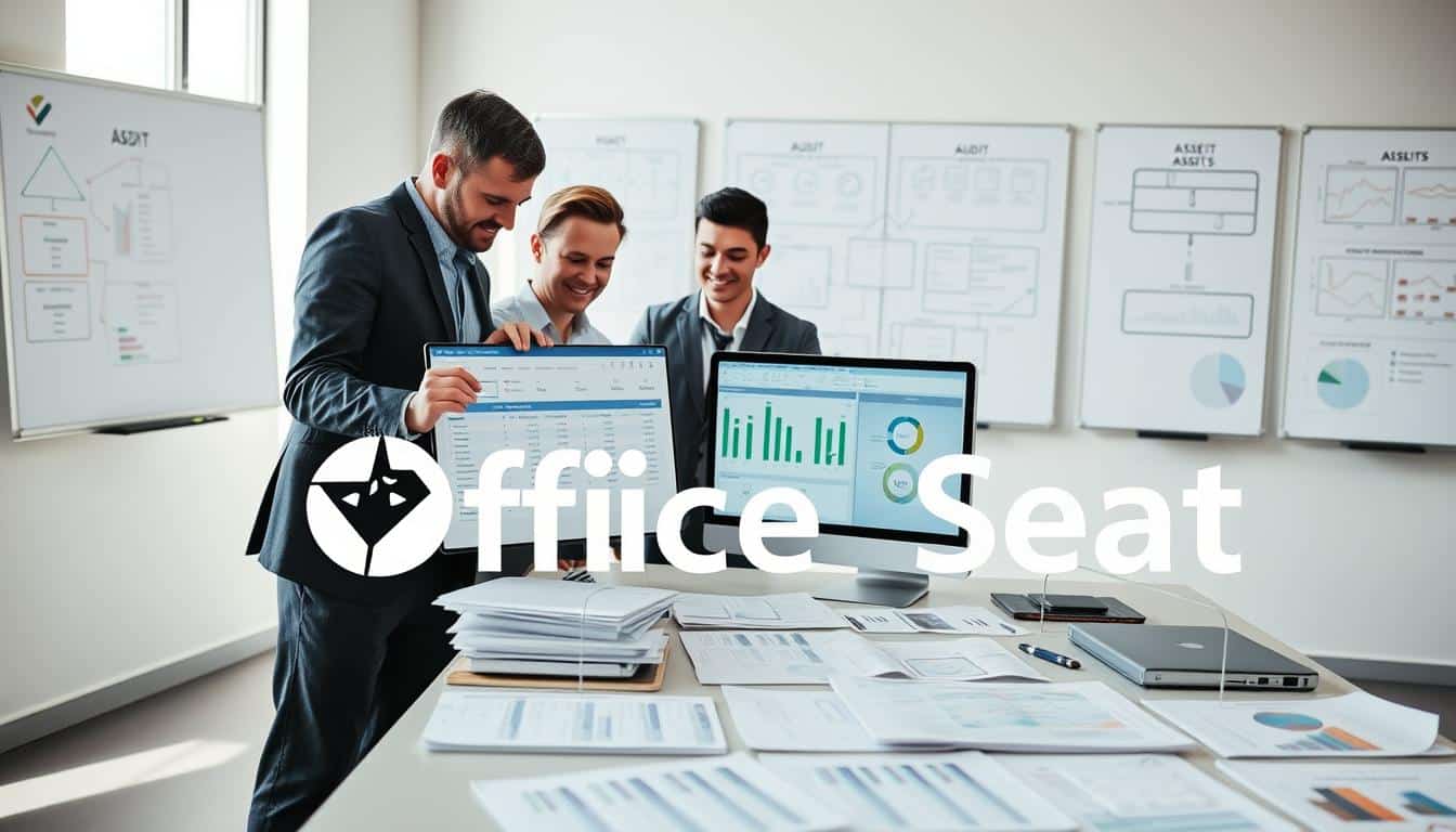 A modern office environment showcasing an effective asset management system. In the foreground, a diverse team of three professionals—two men and one woman—dressed in professional business attire, carefully examining a digital device displaying an asset inventory dashboard. In the middle ground, a large table covered with organized documents, charts, and a desktop computer with spreadsheets open, representing governance and internal policies. The background features whiteboards filled with strategic diagrams and flowcharts, illustrating audit processes. The lighting is bright and natural, coming through large windows, creating a productive and positive atmosphere. The focus is clear with a slight depth of field, capturing the essence of teamwork and responsibility in managing fixed assets. Include the brand name "Office Seat" subtly integrated into the scene. A modern office environment showcasing an effective asset management system. In the foreground, a diverse team of three professionals—two men and one woman—dressed in professional business attire, carefully examining a digital device displaying an asset inventory dashboard. In the middle ground, a large table covered with organized documents, charts, and a desktop computer with spreadsheets open, representing governance and internal policies. The background features whiteboards filled with strategic diagrams and flowcharts, illustrating audit processes. The lighting is bright and natural, coming through large windows, creating a productive and positive atmosphere. The focus is clear with a slight depth of field, capturing the essence of teamwork and responsibility in managing fixed assets. Include the brand name "Office Seat" subtly integrated into the scene.