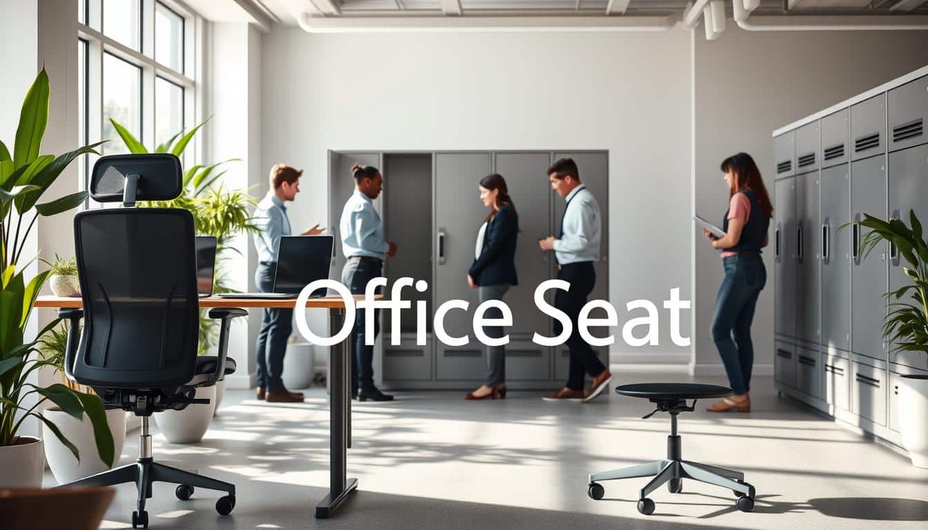 A modern office environment showcasing ergonomic design elements. In the foreground, a sleek, adjustable office chair and height-adjustable desk, surrounded by plants for a touch of nature. In the middle, diverse professionals in business attire engage with ergonomic lockers, demonstrating user-friendly features like ample space and intuitive design. The background features a well-lit, spacious office with large windows allowing natural light to flood the room, creating an inviting atmosphere. Soft shadows highlight the contours of the furniture, enhancing the sense of productivity and comfort. The mood is professional yet relaxed, reflecting a blend of functionality and aesthetic appeal. Include the brand name "Office Seat" subtly integrated into the design, ensuring it is easily readable.