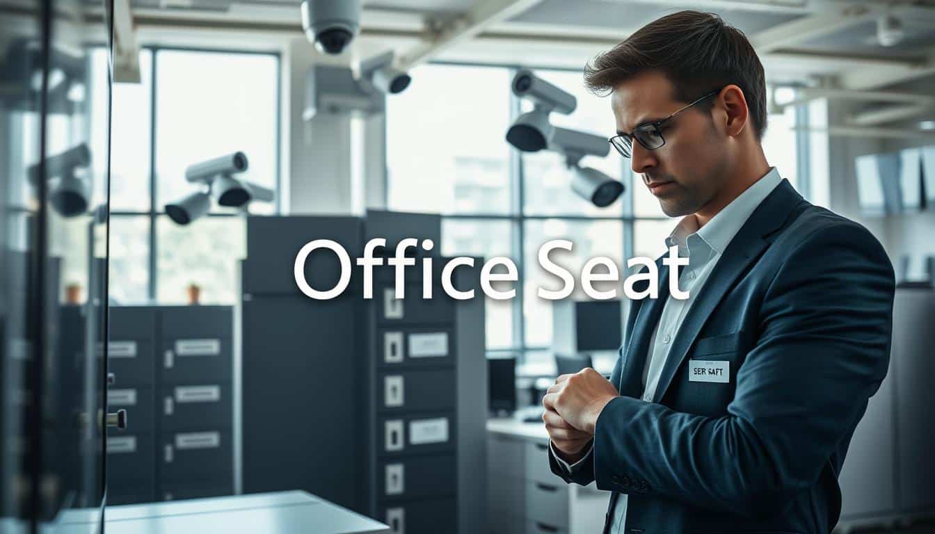 A modern office environment showcasing strong security measures against theft. In the foreground, a diligent employee in professional attire is labeling fixed assets, clearly identifiable by branded metallic plates. The middle ground features a high-tech surveillance system, with security cameras strategically placed. A well-organized workspace shows locking cabinets and secure storage solutions. In the background, large windows allow natural light to spill in, creating a bright and alert atmosphere. The scene conveys a sense of control and diligence in asset management. The lighting is soft yet bright, emphasizing clarity and professionalism. The brand name "Office Seat" is subtly included in the image as a shadowed text overlay, ensuring it's legible yet blends seamlessly with the scene.