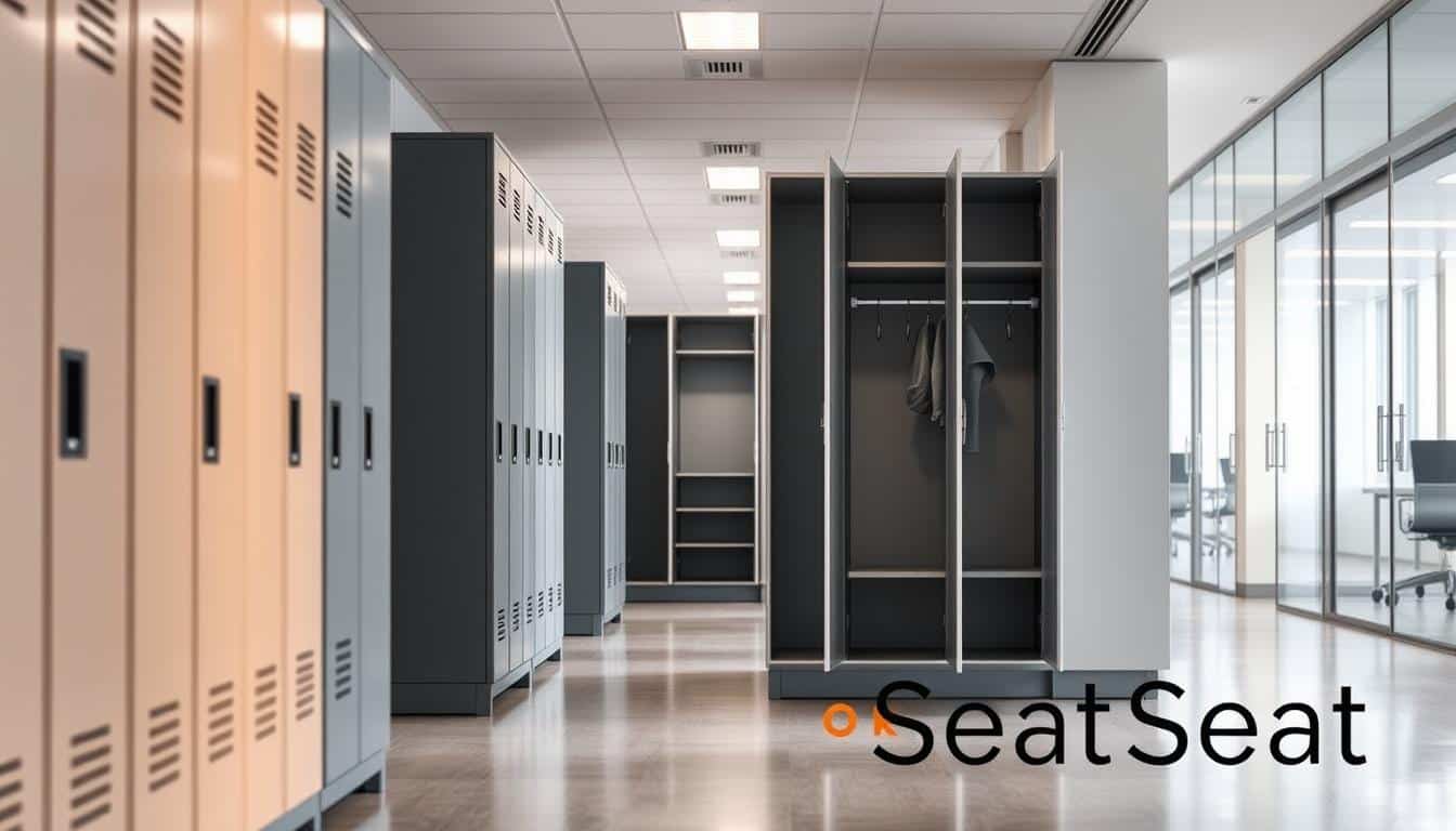 A modern office hallway showcasing a variety of lockers designed for corporate use, emphasizing different measurements and internal configurations suitable for team needs. In the foreground, neatly arranged lockers in varying sizes and colors, displaying features like ventilation holes and secure locks. The middle ground highlights detailed views of locker interiors, with shelves, hooks, and compartments to illustrate capacity and organization. The background features a bright, well-lit office environment with soft, diffused lighting to enhance visibility. The atmosphere is professional and inviting, encouraging viewers to envision these lockers in their workspace. Ensure "Office Seat" is subtly included in the shadows, legibly positioned.