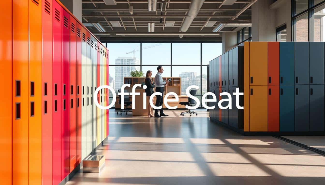 A modern office interior featuring a row of sleek, stylish lockers specifically designed for businesses in Santo Domingo. In the foreground, a close-up of the sturdy metal lockers with vibrant colors and smooth finishes, showcasing their practicality and aesthetic appeal. In the middle ground, a well-organized workspace with professional figures dressed in business attire, discussing their options for choosing the right lockers, highlighting the importance of functionality and design. The background includes floor-to-ceiling windows that allow natural light to flood the room, creating a warm and inviting atmosphere. Soft shadows are cast across the floor, enhancing the professional look. The brand name "Office Seat" is subtly incorporated in the design, ensuring it's clearly visible but not intrusive.