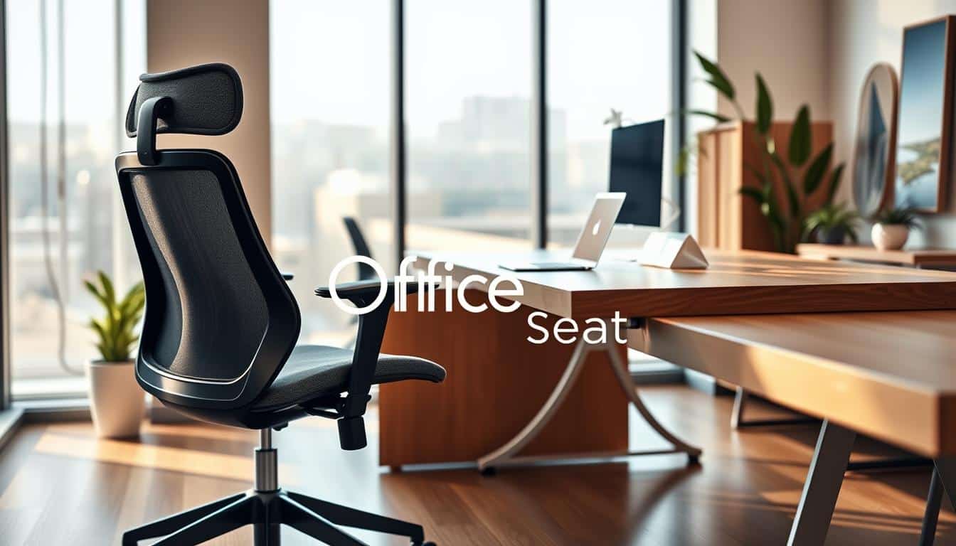 A modern office interior featuring a stylish and functional workstation. In the foreground, showcase a sleek, ergonomic office chair with a unique design, made from breathable fabric and complemented by adjustable features for comfort. Nearby, a polished wooden desk is adorned with minimalistic stationery and a laptop, reflecting an organized work environment. The middle ground highlights large windows allowing natural light to flood in, creating a bright and inviting atmosphere. In the background, abstract art pieces and indoor plants enhance the aesthetic appeal, emphasizing a harmonious blend of design and practicality. Soft, warm lighting casts gentle shadows, adding depth to the scene. Ensure the logo "Office Seat" is subtly integrated into the image, maintaining professionalism and clarity throughout. A modern office interior featuring a stylish and functional workstation. In the foreground, showcase a sleek, ergonomic office chair with a unique design, made from breathable fabric and complemented by adjustable features for comfort. Nearby, a polished wooden desk is adorned with minimalistic stationery and a laptop, reflecting an organized work environment. The middle ground highlights large windows allowing natural light to flood in, creating a bright and inviting atmosphere. In the background, abstract art pieces and indoor plants enhance the aesthetic appeal, emphasizing a harmonious blend of design and practicality. Soft, warm lighting casts gentle shadows, adding depth to the scene. Ensure the logo "Office Seat" is subtly integrated into the image, maintaining professionalism and clarity throughout.