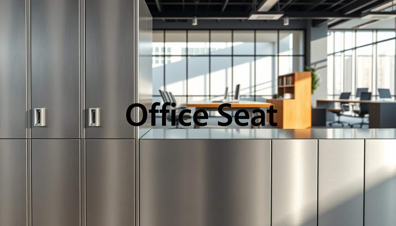A modern office interior featuring sleek metallic lockers arranged neatly in the foreground. The lockers are made of brushed stainless steel, showcasing their durable and shiny surfaces. Each locker has a minimalist design with clean lines and a single latch. In the middle ground, there are contemporary office furniture pieces, such as a polished wooden desk and ergonomic chairs, enhancing the workspace aesthetic. The background reveals large windows with natural light streaming in, illuminating the scene and casting soft shadows. The atmosphere is professional and organized, suggesting a productive work environment. Subtly integrated into the image is the brand name "Office Seat" displayed in a clear, legible shadow text on the locker surface. A modern office interior featuring sleek metallic lockers arranged neatly in the foreground. The lockers are made of brushed stainless steel, showcasing their durable and shiny surfaces. Each locker has a minimalist design with clean lines and a single latch. In the middle ground, there are contemporary office furniture pieces, such as a polished wooden desk and ergonomic chairs, enhancing the workspace aesthetic. The background reveals large windows with natural light streaming in, illuminating the scene and casting soft shadows. The atmosphere is professional and organized, suggesting a productive work environment. Subtly integrated into the image is the brand name "Office Seat" displayed in a clear, legible shadow text on the locker surface.