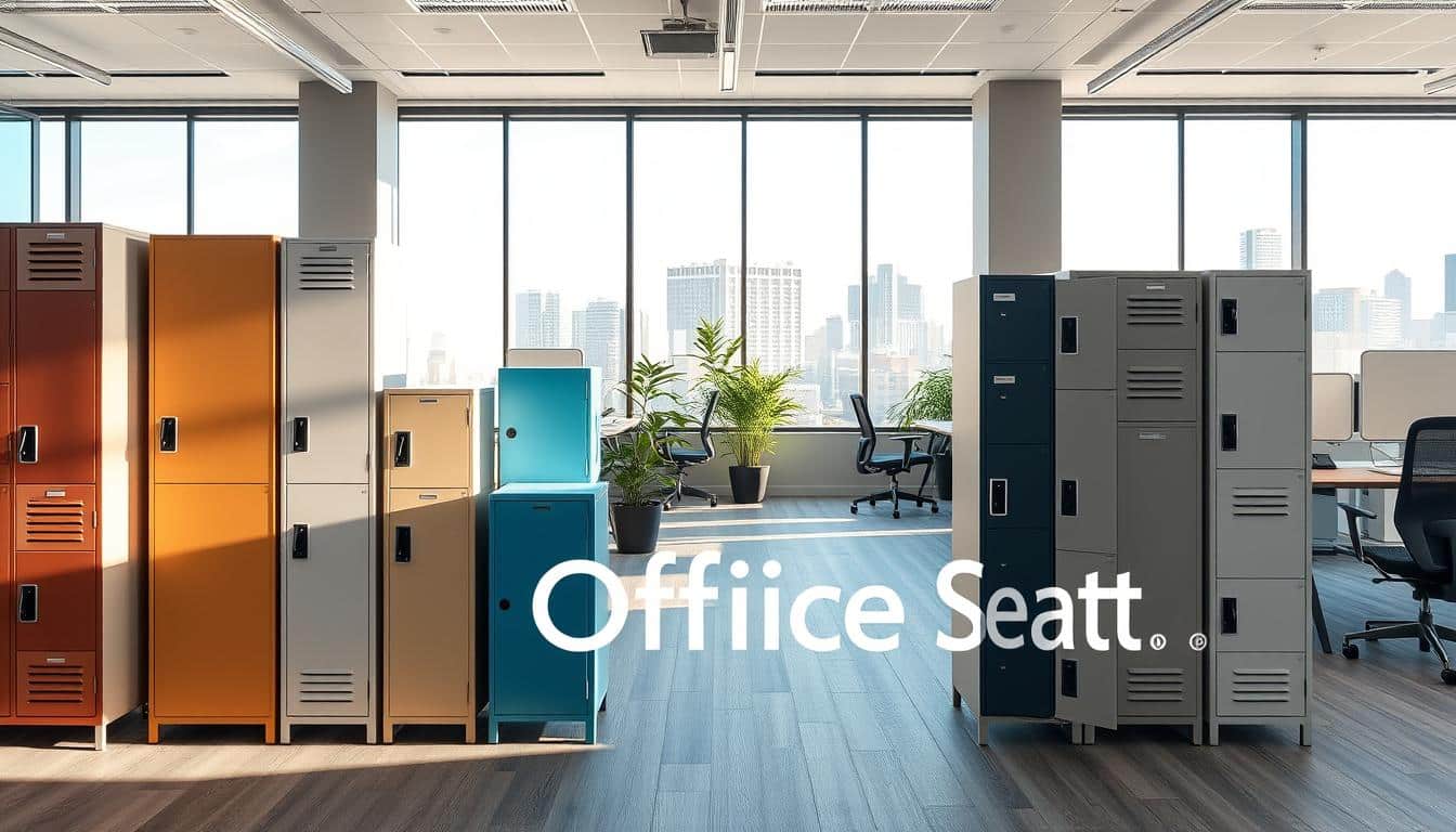 A modern office interior in Santo Domingo featuring diverse lockers designed for businesses. In the foreground, several stylish metal lockers in various colors and sizes are neatly arranged, showcasing their practicality and design. The middle ground features a well-lit office space with sleek desks, ergonomic chairs, and plants, creating a productive atmosphere. The background reveals a large window with views of the city skyline, reflecting a sunny day with clear blue skies. Soft, natural lighting casts gentle shadows, adding depth to the scene. The mood is professional yet inviting, emphasizing the importance of organization in the workplace. Include the brand name "Office Seat" in a subtle, legible text shadow on the image to reinforce brand identity.