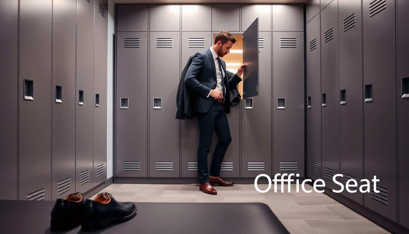 A modern office locker room designed for businesses, showcasing sleek and functional lockers made of durable metal in a stylish matte finish. The lockers are neatly arranged against a bright, well-lit wall, emphasizing organization and efficiency. In the foreground, a pair of black business shoes and a blazer are placed on a bench. In the middle ground, a person in professional business attire—impeccably dressed in a suit—opens a locker, demonstrating ease of access. In the background, the soft glow of ambient lighting enhances the clean, professional atmosphere, evoking productivity and a cohesive corporate image. Subtle branding for "Office Seat" appears elegantly in the corner, ensuring it blends harmoniously with the scene while remaining legible. A modern office locker room designed for businesses, showcasing sleek and functional lockers made of durable metal in a stylish matte finish. The lockers are neatly arranged against a bright, well-lit wall, emphasizing organization and efficiency. In the foreground, a pair of black business shoes and a blazer are placed on a bench. In the middle ground, a person in professional business attire—impeccably dressed in a suit—opens a locker, demonstrating ease of access. In the background, the soft glow of ambient lighting enhances the clean, professional atmosphere, evoking productivity and a cohesive corporate image. Subtle branding for "Office Seat" appears elegantly in the corner, ensuring it blends harmoniously with the scene while remaining legible.