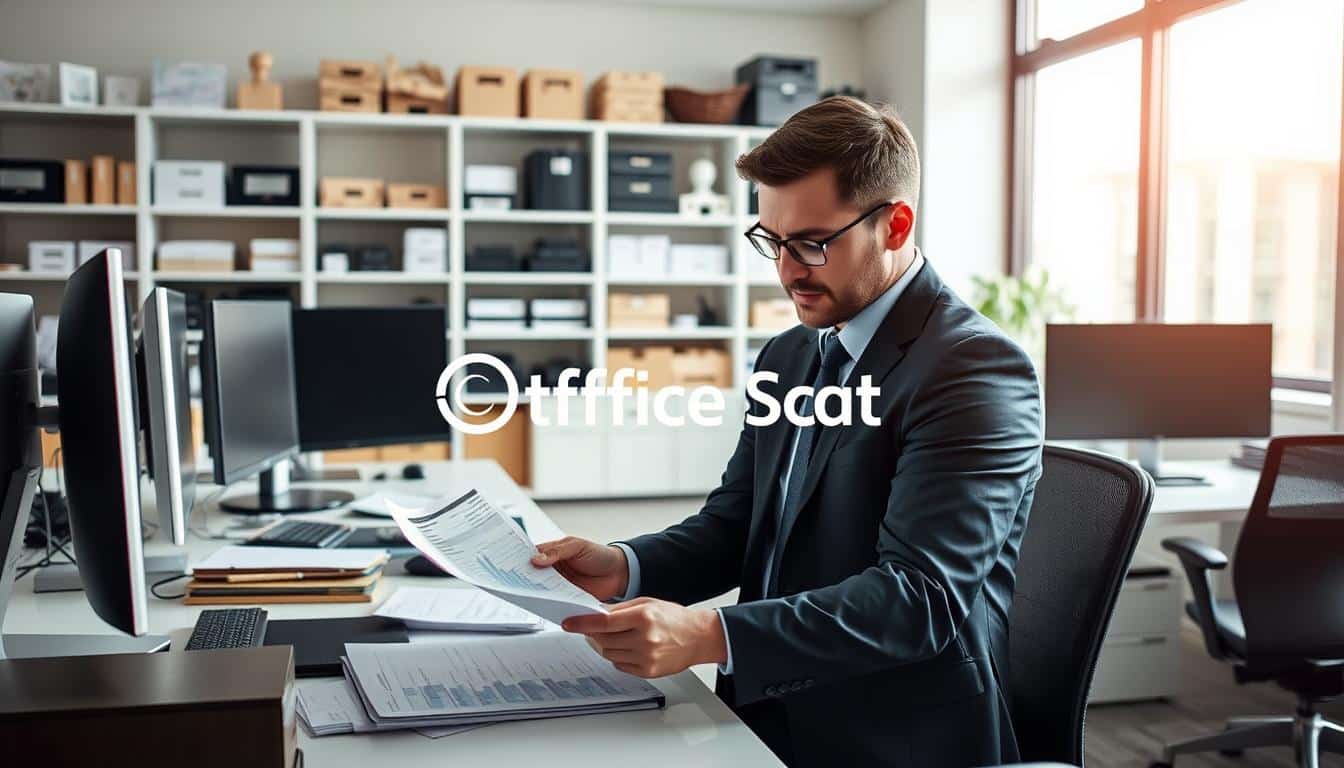 A modern office scene depicting a professional accountant conducting a physical inventory reconciliation for fixed assets. In the foreground, a focused accountant in business attire is carefully examining a spreadsheet and comparing it to physical items like computers, furniture, and equipment neatly arranged on a desk. In the middle background, shelves filled with various office supplies and assets can be seen, conveying an organized workspace. Soft natural light filters in through a window, creating a calm and productive atmosphere. The scene is shot from a slightly elevated angle to capture the details of the workspace. The brand name "Office Seat" is subtly included in the image with a clear and readable shadow text effect. A modern office scene depicting a professional accountant conducting a physical inventory reconciliation for fixed assets. In the foreground, a focused accountant in business attire is carefully examining a spreadsheet and comparing it to physical items like computers, furniture, and equipment neatly arranged on a desk. In the middle background, shelves filled with various office supplies and assets can be seen, conveying an organized workspace. Soft natural light filters in through a window, creating a calm and productive atmosphere. The scene is shot from a slightly elevated angle to capture the details of the workspace. The brand name "Office Seat" is subtly included in the image with a clear and readable shadow text effect.