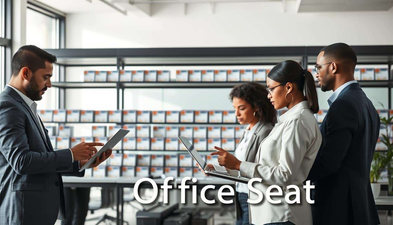 A modern office scene depicting effective asset management in the Dominican Republic. In the foreground, a diverse group of professional individuals in business attire—men and women—collaboratively analyzing digital inventory reports on sleek laptops and large touch screens. In the middle background, organized rows of labeled asset tags and inventory plates prominently displayed on shelves, showcasing efficient asset control methods. The background features a bright, open office space with large windows letting in natural light, reflecting a productive and motivating atmosphere. Soft shadows create a dynamic depth, and the scene is captured from a slightly elevated angle to convey the collaborative environment. Add "Office Seat" in a clear, legible shadow text at the corner of the image. A modern office scene depicting effective asset management in the Dominican Republic. In the foreground, a diverse group of professional individuals in business attire—men and women—collaboratively analyzing digital inventory reports on sleek laptops and large touch screens. In the middle background, organized rows of labeled asset tags and inventory plates prominently displayed on shelves, showcasing efficient asset control methods. The background features a bright, open office space with large windows letting in natural light, reflecting a productive and motivating atmosphere. Soft shadows create a dynamic depth, and the scene is captured from a slightly elevated angle to convey the collaborative environment. Add "Office Seat" in a clear, legible shadow text at the corner of the image.