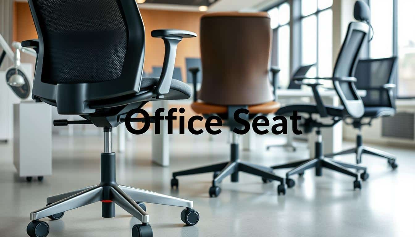 A modern office scene featuring an assortment of ergonomic office chairs with varying designs, showcasing different bases, wheels, and stability features. The foreground displays a stylish, adjustable chair with a mesh back and sturdy wheels, while a classic leather chair is partially visible behind it, emphasizing contrasting styles. The middle ground includes a sleek desk with an organized workspace, and the background shows a bright office environment with large windows, allowing natural light to illuminate the scene. The overall atmosphere is professional and inviting, reflecting comfort and functionality. Ensure that the "Office Seat" brand is subtly incorporated as a shadow text in the image, clearly legible but elegantly integrated into the design.