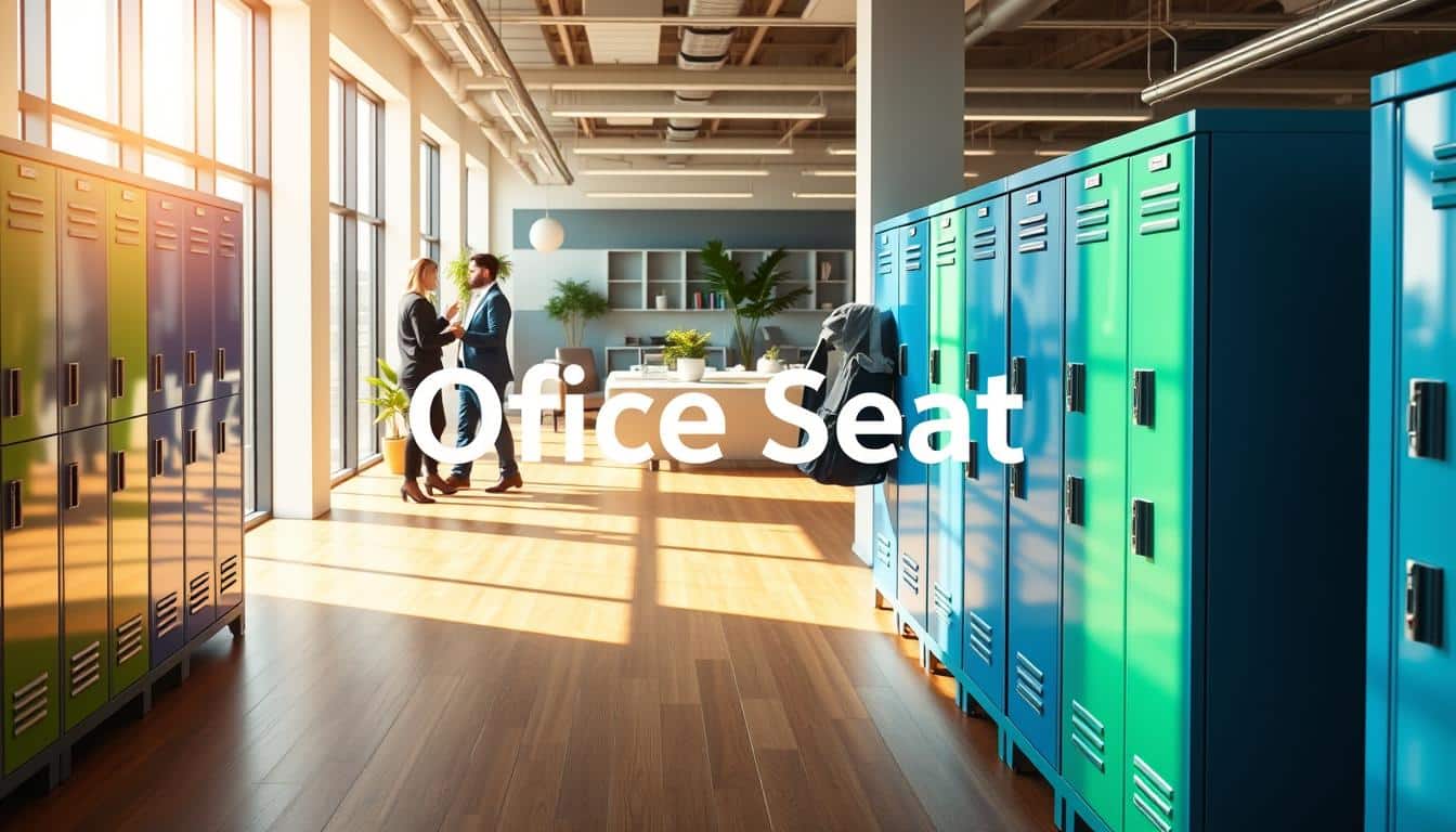 A modern office scene featuring sleek, metallic lockers designed for employee use. In the foreground, there are several locker units with vibrant colors like blue and green, each adorned with secure locks. Bright, natural light pours in through large windows, casting soft shadows across the polished wooden floor. In the middle ground, a few employees dressed in professional business attire are interacting, some organizing their belongings in lockers, which reflects a collaborative and secure workspace. The background shows elements of an open office layout, with plants and stylish furniture, creating a welcoming atmosphere. Incorporate the brand name "Office Seat" subtly in the shadow of the lockers, ensuring it is easily readable while maintaining a professional look. Focus on creating a vibrant mood that emphasizes organization and corporate identity. A modern office scene featuring sleek, metallic lockers designed for employee use. In the foreground, there are several locker units with vibrant colors like blue and green, each adorned with secure locks. Bright, natural light pours in through large windows, casting soft shadows across the polished wooden floor. In the middle ground, a few employees dressed in professional business attire are interacting, some organizing their belongings in lockers, which reflects a collaborative and secure workspace. The background shows elements of an open office layout, with plants and stylish furniture, creating a welcoming atmosphere. Incorporate the brand name "Office Seat" subtly in the shadow of the lockers, ensuring it is easily readable while maintaining a professional look. Focus on creating a vibrant mood that emphasizes organization and corporate identity.