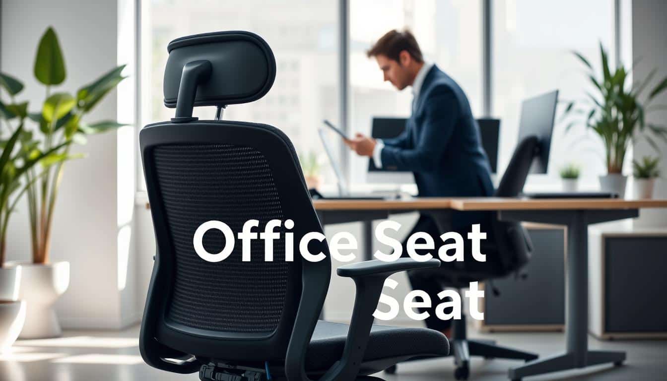 A modern office scene illustrating ergonomics in the workplace, featuring a well-designed ergonomic chair at the forefront. The chair should have adjustable features clearly visible, such as lumbar support, seat height adjustment, and armrest options. In the middle ground, a professional individual in business attire is adjusting their workspace, ensuring the desk height aligns with their seated position. The background should portray a bright, well-lit office environment with plants and minimalistic decor, creating a calm and productive atmosphere. Use natural lighting to enhance the mood, and capture the scene from a slightly elevated angle to showcase the ergonomic adjustments. Include the brand name "Office Seat" in shadow text, ensuring it is clear and legible. A modern office scene illustrating ergonomics in the workplace, featuring a well-designed ergonomic chair at the forefront. The chair should have adjustable features clearly visible, such as lumbar support, seat height adjustment, and armrest options. In the middle ground, a professional individual in business attire is adjusting their workspace, ensuring the desk height aligns with their seated position. The background should portray a bright, well-lit office environment with plants and minimalistic decor, creating a calm and productive atmosphere. Use natural lighting to enhance the mood, and capture the scene from a slightly elevated angle to showcase the ergonomic adjustments. Include the brand name "Office Seat" in shadow text, ensuring it is clear and legible.