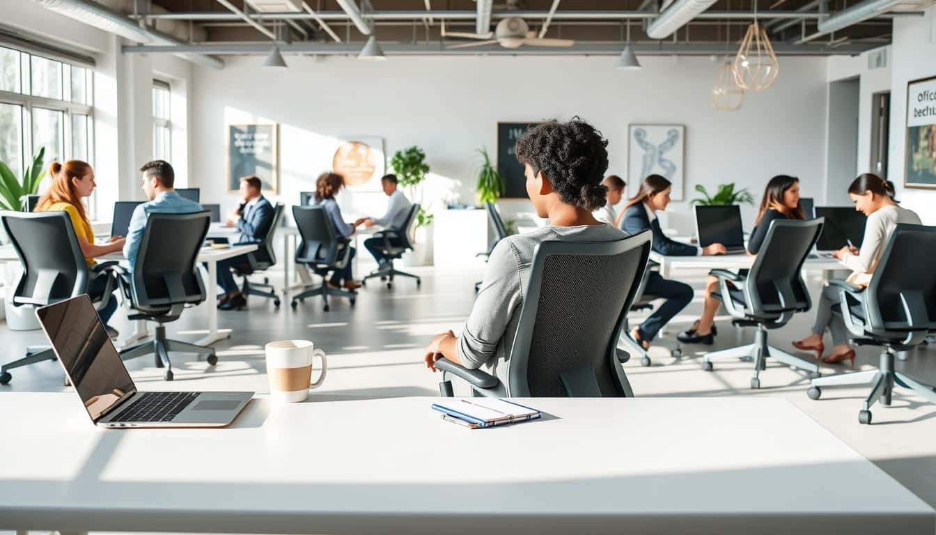 A modern office scene illustrating productivity, featuring a diverse group of professionals in business attire seated in ergonomic office chairs. In the foreground, a well-lit workstation showcases a sleek desk with a laptop, coffee cup, and notepad. The middle ground includes focused individuals collaborating, engaged in discussions, and typing at their desks, each in contemporary, stylish chairs that promote posture and comfort. The background reveals a bright, airy office space with large windows letting in natural light, plants for a touch of greenery, and motivational artwork on the walls. The atmosphere is energetic yet calm, emphasizing corporate wellness and the impact of comfortable seating on productivity. Ensure the brand name "Office Seat" is subtly integrated into the image with a shadow text, clearly legible. A modern office scene illustrating productivity, featuring a diverse group of professionals in business attire seated in ergonomic office chairs. In the foreground, a well-lit workstation showcases a sleek desk with a laptop, coffee cup, and notepad. The middle ground includes focused individuals collaborating, engaged in discussions, and typing at their desks, each in contemporary, stylish chairs that promote posture and comfort. The background reveals a bright, airy office space with large windows letting in natural light, plants for a touch of greenery, and motivational artwork on the walls. The atmosphere is energetic yet calm, emphasizing corporate wellness and the impact of comfortable seating on productivity. Ensure the brand name "Office Seat" is subtly integrated into the image with a shadow text, clearly legible.