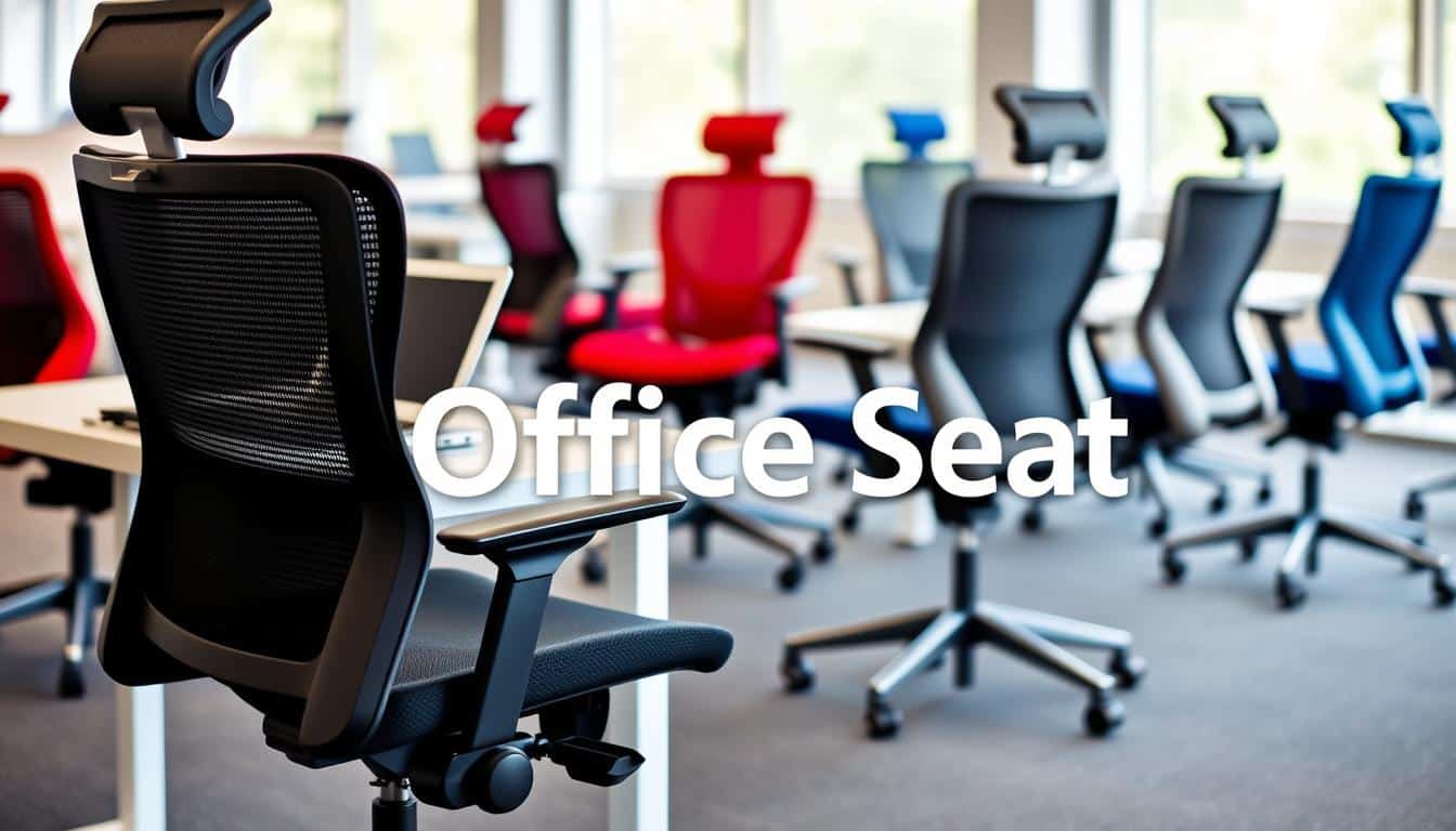 A modern office scene showcasing an array of ergonomic office chairs on wheels, prominently displaying different styles and colors. In the foreground, a sleek, black mesh chair with adjustable features and a supportive design is highlighted, surrounded by a white desk and a laptop. In the middle, additional chairs in various colors—red, blue, and gray—are arranged, illustrating diversity in ergonomic options. The background contains a bright, spacious office environment with large windows allowing natural light to pour in, enhancing the overall professional atmosphere. A soft focus on the background emphasizes the chairs, creating a calm and inviting mood. Include the brand name "Office Seat" in a clear, legible shadow text overlay, accentuating brand presence without detracting from the visual elements. A modern office scene showcasing an array of ergonomic office chairs on wheels, prominently displaying different styles and colors. In the foreground, a sleek, black mesh chair with adjustable features and a supportive design is highlighted, surrounded by a white desk and a laptop. In the middle, additional chairs in various colors—red, blue, and gray—are arranged, illustrating diversity in ergonomic options. The background contains a bright, spacious office environment with large windows allowing natural light to pour in, enhancing the overall professional atmosphere. A soft focus on the background emphasizes the chairs, creating a calm and inviting mood. Include the brand name "Office Seat" in a clear, legible shadow text overlay, accentuating brand presence without detracting from the visual elements.