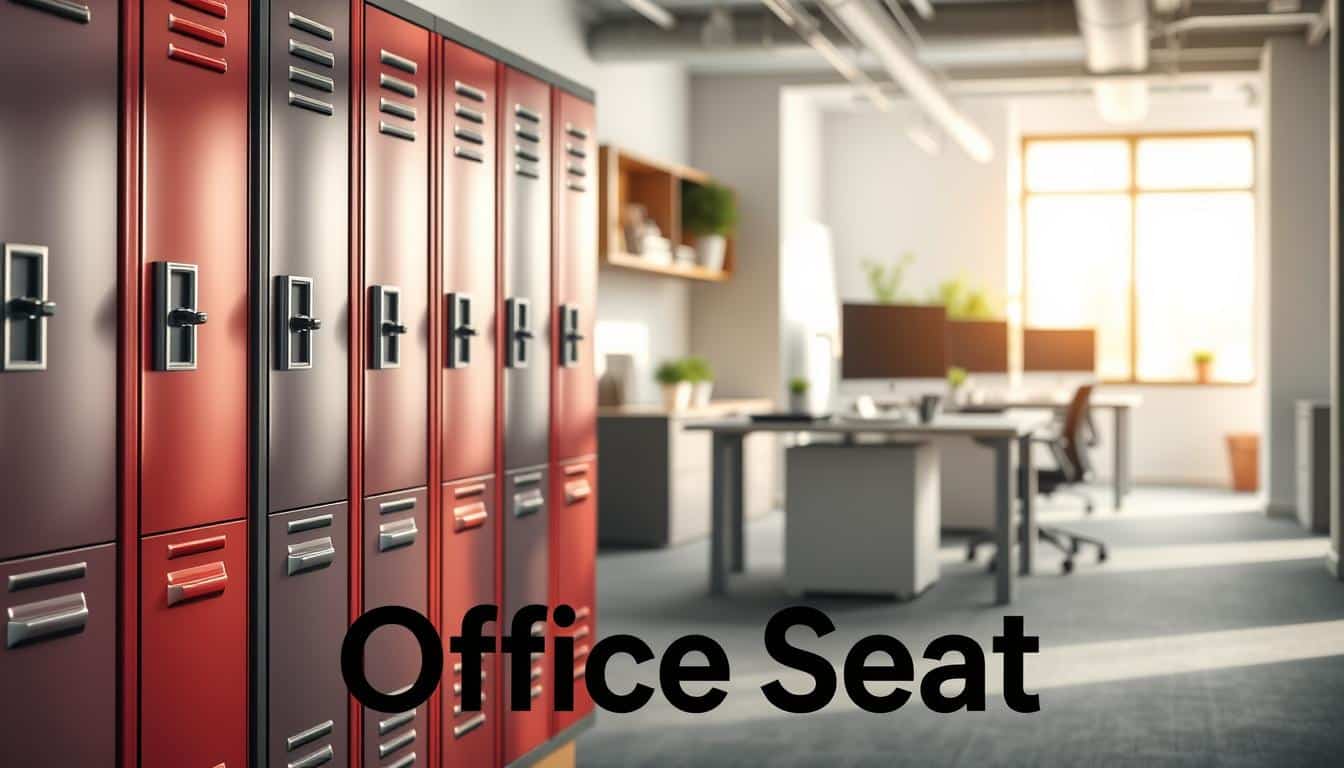 A modern office setting featuring sleek metallic lockers, showcasing their crucial benefits such as security, durability, and order. In the foreground, a row of vibrant, polished metallic lockers in various colors, each equipped with secure locks and labeling systems, reflecting a professional ambiance. In the middle ground, an organized workspace with a clean desk, minimalistic decor, and a subtle touch of greenery. The background includes soft-focus office elements, like a window revealing a bright, sunny day, creating a warm and inviting atmosphere. The image is illuminated with natural light, giving it a fresh and professional look. Place the brand name "Office Seat" in a readable shadow text format across the lower part of the image for branding visibility. A modern office setting featuring sleek metallic lockers, showcasing their crucial benefits such as security, durability, and order. In the foreground, a row of vibrant, polished metallic lockers in various colors, each equipped with secure locks and labeling systems, reflecting a professional ambiance. In the middle ground, an organized workspace with a clean desk, minimalistic decor, and a subtle touch of greenery. The background includes soft-focus office elements, like a window revealing a bright, sunny day, creating a warm and inviting atmosphere. The image is illuminated with natural light, giving it a fresh and professional look. Place the brand name "Office Seat" in a readable shadow text format across the lower part of the image for branding visibility.