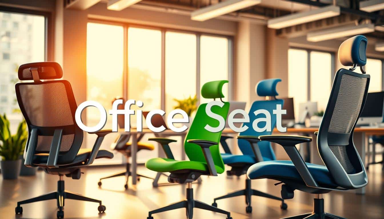 A modern office setting in Santo Domingo showcasing a variety of ergonomic chairs designed for comfort and productivity. In the foreground, highlight three distinct ergonomic chairs with sleek designs and vibrant colors, showcasing their adjustable features and supportive structures. The middle ground features a well-furnished desk area with a laptop, stationery, and a green plant, adding a touch of freshness. In the background, large windows let in warm, natural light, illuminating the space to create an inviting atmosphere. Capture the scene from a slight angle to emphasize depth and perspective. The image should be bright and professional, conveying a mood of efficiency and style. Include a subtle shadow of the brand name "Office Seat" in a clear, readable font. A modern office setting in Santo Domingo showcasing a variety of ergonomic chairs designed for comfort and productivity. In the foreground, highlight three distinct ergonomic chairs with sleek designs and vibrant colors, showcasing their adjustable features and supportive structures. The middle ground features a well-furnished desk area with a laptop, stationery, and a green plant, adding a touch of freshness. In the background, large windows let in warm, natural light, illuminating the space to create an inviting atmosphere. Capture the scene from a slight angle to emphasize depth and perspective. The image should be bright and professional, conveying a mood of efficiency and style. Include a subtle shadow of the brand name "Office Seat" in a clear, readable font.