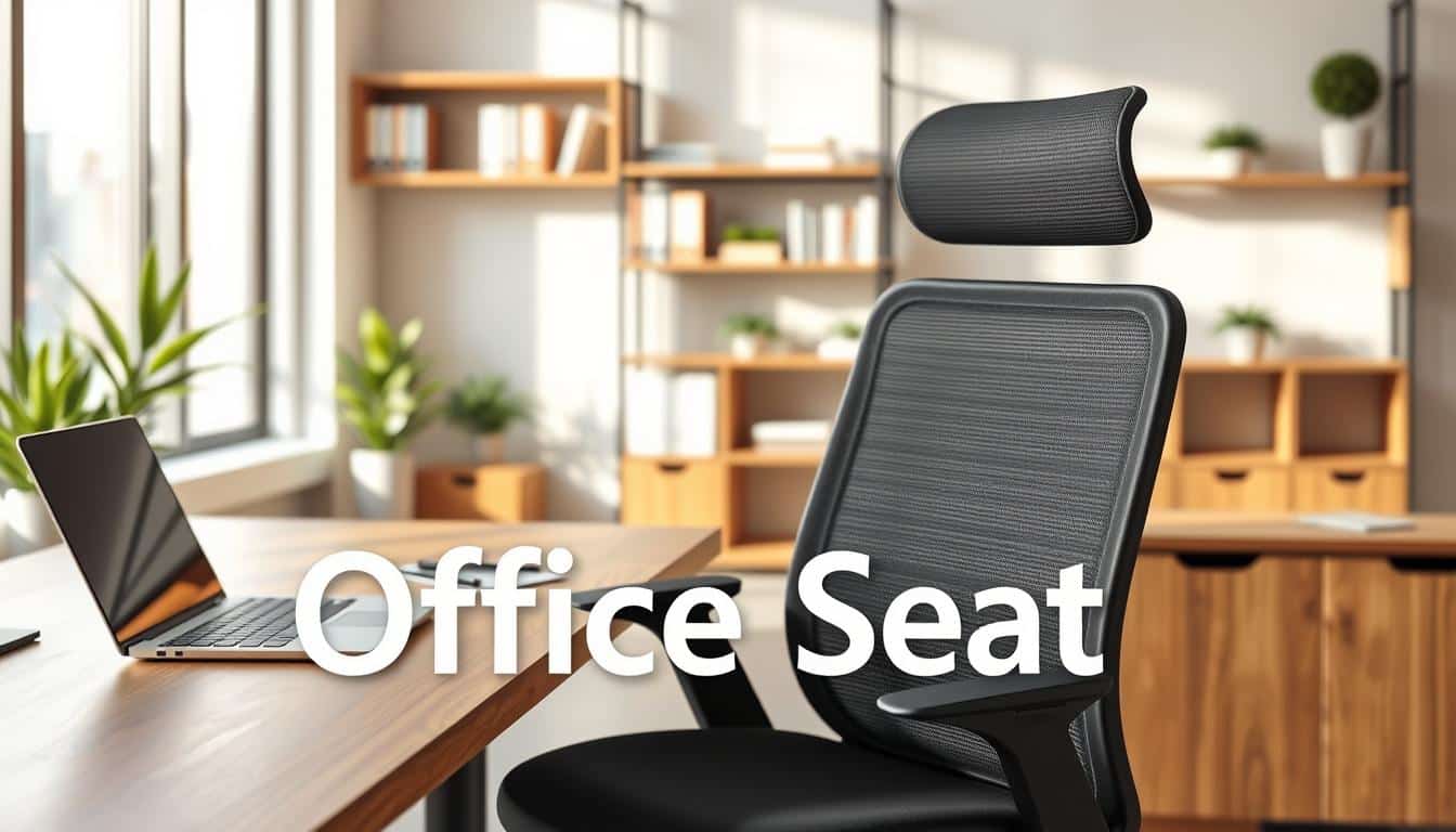 A modern office setting showcasing a high-quality ergonomic office chair prominently in the foreground. The chair should be sleek, with a black mesh design and adjustable features, positioned beside a stylish wooden desk that holds a laptop and a notepad. In the middle ground, include a well-organized office environment with soft lighting that creates a warm and inviting atmosphere, featuring shelves with books and green plants. The background should display a large window allowing natural light to flood the room, highlighting the clean lines and productivity-focused design. Capture the image from a slightly elevated angle to emphasize the chair's details and provide a professional look. The brand name "Office Seat" should be subtly integrated into the shadow of the image, ensuring it's legible.