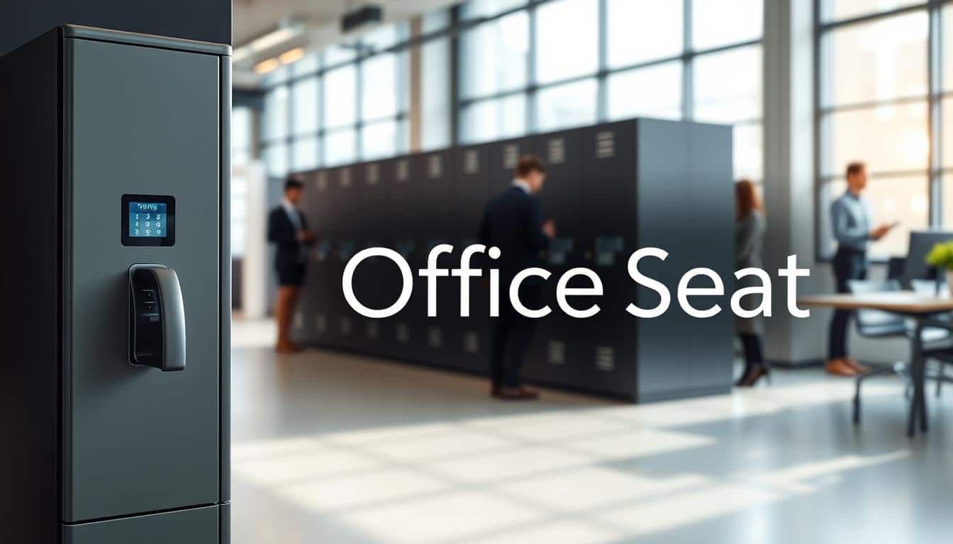 A modern office setting showcasing a secure access control system for employee lockers. In the foreground, a sleek, high-tech locker with a digital keypad and biometric scanner, subtly illuminated to highlight its features. The middle ground includes a well-organized row of similar lockers in a soft focus, emphasizing security and functionality. The background hints at a bustling office environment, with minimalistic furniture and professionals in business attire collaborating. Soft, natural lighting streams in from large windows, creating an inviting yet secure atmosphere. A shadowed text overlay displaying the brand name "Office Seat" subtly integrates into the composition, ensuring brand visibility. A modern office setting showcasing a secure access control system for employee lockers. In the foreground, a sleek, high-tech locker with a digital keypad and biometric scanner, subtly illuminated to highlight its features. The middle ground includes a well-organized row of similar lockers in a soft focus, emphasizing security and functionality. The background hints at a bustling office environment, with minimalistic furniture and professionals in business attire collaborating. Soft, natural lighting streams in from large windows, creating an inviting yet secure atmosphere. A shadowed text overlay displaying the brand name "Office Seat" subtly integrates into the composition, ensuring brand visibility.