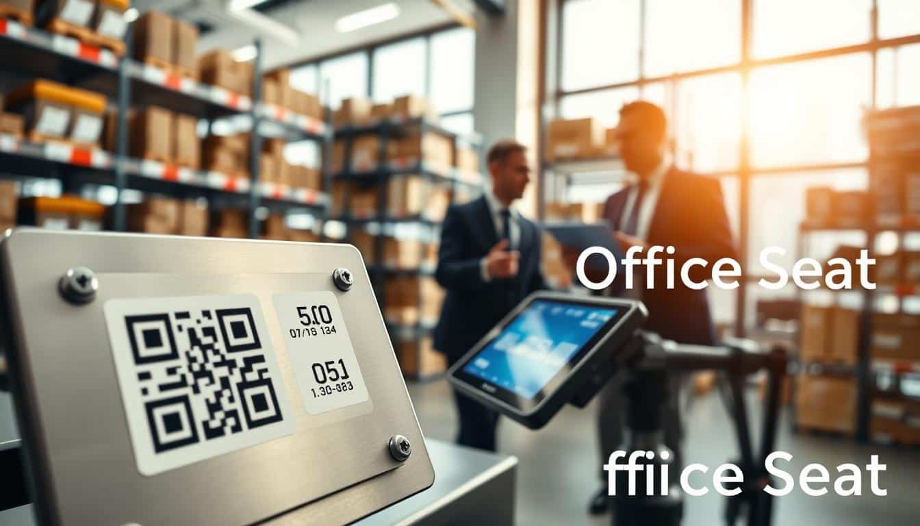 A modern office setting showcasing a sleek inventory control system. In the foreground, a close-up of a stainless steel plate with a prominent QR code and a barcode, emphasizing technology in asset management. The mid-ground features a stylish scanner device capturing data from various plates, while blurred outlines of professional employees, dressed in business attire, collaborate around a digital tablet displaying real-time inventory statistics. The background presents shelves filled with organized assets, illuminated by bright, natural light pouring from large windows, creating a productive atmosphere. The image conveys efficiency and innovation in patrimonial control. Subtly incorporate "Office Seat" in clear, legible text at a corner, enhancing brand visibility without distractions. A modern office setting showcasing a sleek inventory control system. In the foreground, a close-up of a stainless steel plate with a prominent QR code and a barcode, emphasizing technology in asset management. The mid-ground features a stylish scanner device capturing data from various plates, while blurred outlines of professional employees, dressed in business attire, collaborate around a digital tablet displaying real-time inventory statistics. The background presents shelves filled with organized assets, illuminated by bright, natural light pouring from large windows, creating a productive atmosphere. The image conveys efficiency and innovation in patrimonial control. Subtly incorporate "Office Seat" in clear, legible text at a corner, enhancing brand visibility without distractions.