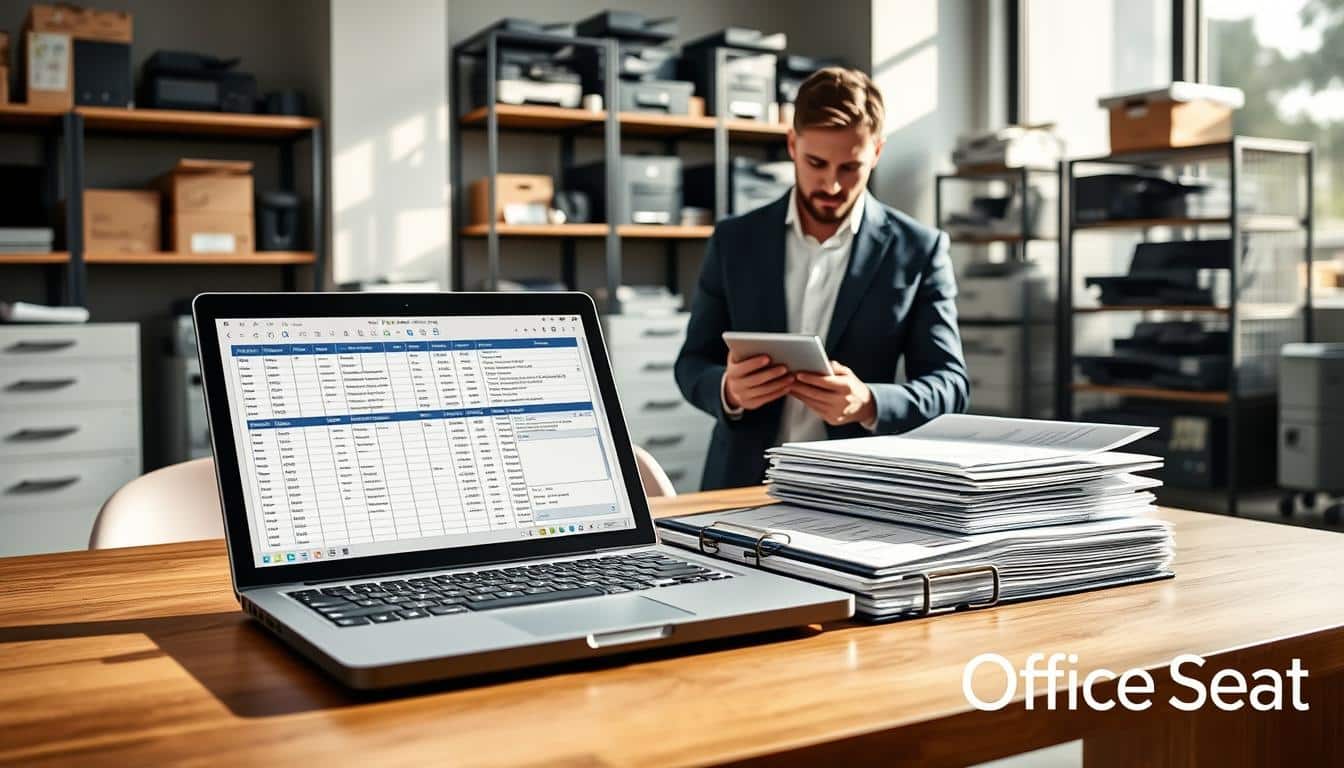 A modern office setting showcasing an organized inventory of fixed assets. In the foreground, there is a sleek wooden desk with an open laptop displaying a spreadsheet full of asset data. Beside it, neatly stacked folders labeled “Asset Records” and a clipboard. In the middle ground, a well-dressed business professional is examining an asset, wearing a smart blazer and holding a tablet, focusing intently on the data. In the background, shelves filled with various office equipment like printers and copiers, with a large window allowing natural light to stream in, casting soft shadows. The atmosphere is professional and focused, highlighting the process of systematic asset inventory management. Include a subtle brand watermark “Office Seat” at the bottom for branding. A modern office setting showcasing an organized inventory of fixed assets. In the foreground, there is a sleek wooden desk with an open laptop displaying a spreadsheet full of asset data. Beside it, neatly stacked folders labeled “Asset Records” and a clipboard. In the middle ground, a well-dressed business professional is examining an asset, wearing a smart blazer and holding a tablet, focusing intently on the data. In the background, shelves filled with various office equipment like printers and copiers, with a large window allowing natural light to stream in, casting soft shadows. The atmosphere is professional and focused, highlighting the process of systematic asset inventory management. Include a subtle brand watermark “Office Seat” at the bottom for branding.