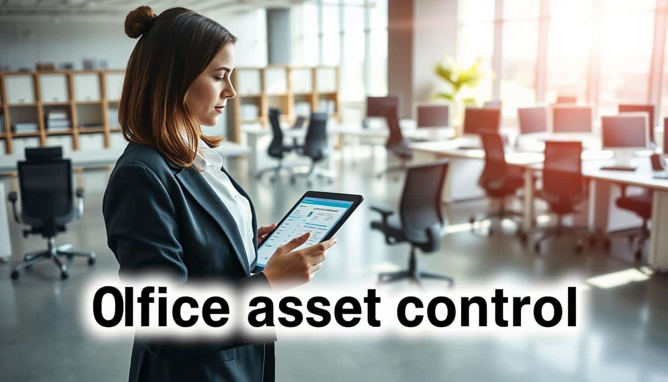 A modern office setting showcasing fixed asset control. In the foreground, a professional woman in business attire analyzes a digital inventory on a tablet. In the middle ground, an organized office space filled with office equipment like chairs, desks, and computers, all neatly labeled and categorized. The background reveals a clean, bright atmosphere with large windows allowing natural light to flood in, enhancing productivity. Soft shadows create depth, while a subtle lens flare adds a touch of warmth. The overall mood conveys order, professionalism, and efficiency, emphasizing the importance of asset control in a business environment. Overlay the image with "Office Seat" in legible text shadow for branding. A modern office setting showcasing fixed asset control. In the foreground, a professional woman in business attire analyzes a digital inventory on a tablet. In the middle ground, an organized office space filled with office equipment like chairs, desks, and computers, all neatly labeled and categorized. The background reveals a clean, bright atmosphere with large windows allowing natural light to flood in, enhancing productivity. Soft shadows create depth, while a subtle lens flare adds a touch of warmth. The overall mood conveys order, professionalism, and efficiency, emphasizing the importance of asset control in a business environment. Overlay the image with "Office Seat" in legible text shadow for branding.