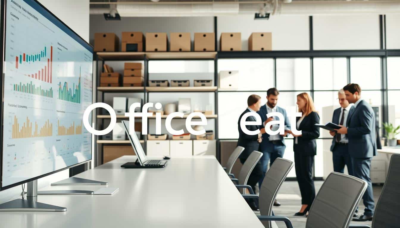 A modern office setting with a sleek, organized workspace in the foreground, featuring a high-tech asset management dashboard on a large screen, showcasing graphs and data analytics. In the middle ground, a diverse group of professionals in business attire are engaged in discussion, reviewing digital devices and documents related to fixed asset management. The background shows shelves with neatly arranged office equipment and storage boxes, emphasizing order and efficiency. Bright, natural lighting floods the room through large windows, creating a productive atmosphere. A subtle shadow of the brand name "Office Seat" is integrated into the image, ensuring visibility while maintaining professionalism. A modern office setting with a sleek, organized workspace in the foreground, featuring a high-tech asset management dashboard on a large screen, showcasing graphs and data analytics. In the middle ground, a diverse group of professionals in business attire are engaged in discussion, reviewing digital devices and documents related to fixed asset management. The background shows shelves with neatly arranged office equipment and storage boxes, emphasizing order and efficiency. Bright, natural lighting floods the room through large windows, creating a productive atmosphere. A subtle shadow of the brand name "Office Seat" is integrated into the image, ensuring visibility while maintaining professionalism.
