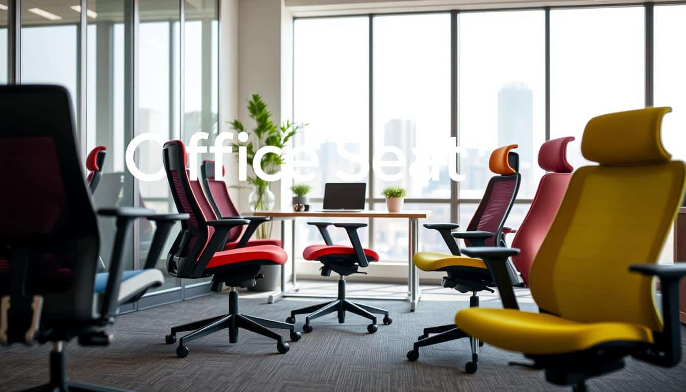 A modern office space featuring compact ergonomic chairs designed for small areas. In the foreground, several sleek, stylish office chairs with adjustable features and vibrant colors, showcasing their ergonomic design. The middle ground includes a small, organized desk with a laptop and a potted plant, emphasizing a functional yet aesthetic workspace. The background shows a light-filled office with large windows, offering a view of a cityscape, contributing to a bright and productive atmosphere. Soft, natural lighting enhances the scene, giving it a warm and inviting feel. The brand name "Office Seat" subtly integrated into the background shadows, ensuring legibility without overwhelming the composition. The overall mood is one of professional elegance and comfort in limited space. A modern office space featuring compact ergonomic chairs designed for small areas. In the foreground, several sleek, stylish office chairs with adjustable features and vibrant colors, showcasing their ergonomic design. The middle ground includes a small, organized desk with a laptop and a potted plant, emphasizing a functional yet aesthetic workspace. The background shows a light-filled office with large windows, offering a view of a cityscape, contributing to a bright and productive atmosphere. Soft, natural lighting enhances the scene, giving it a warm and inviting feel. The brand name "Office Seat" subtly integrated into the background shadows, ensuring legibility without overwhelming the composition. The overall mood is one of professional elegance and comfort in limited space.