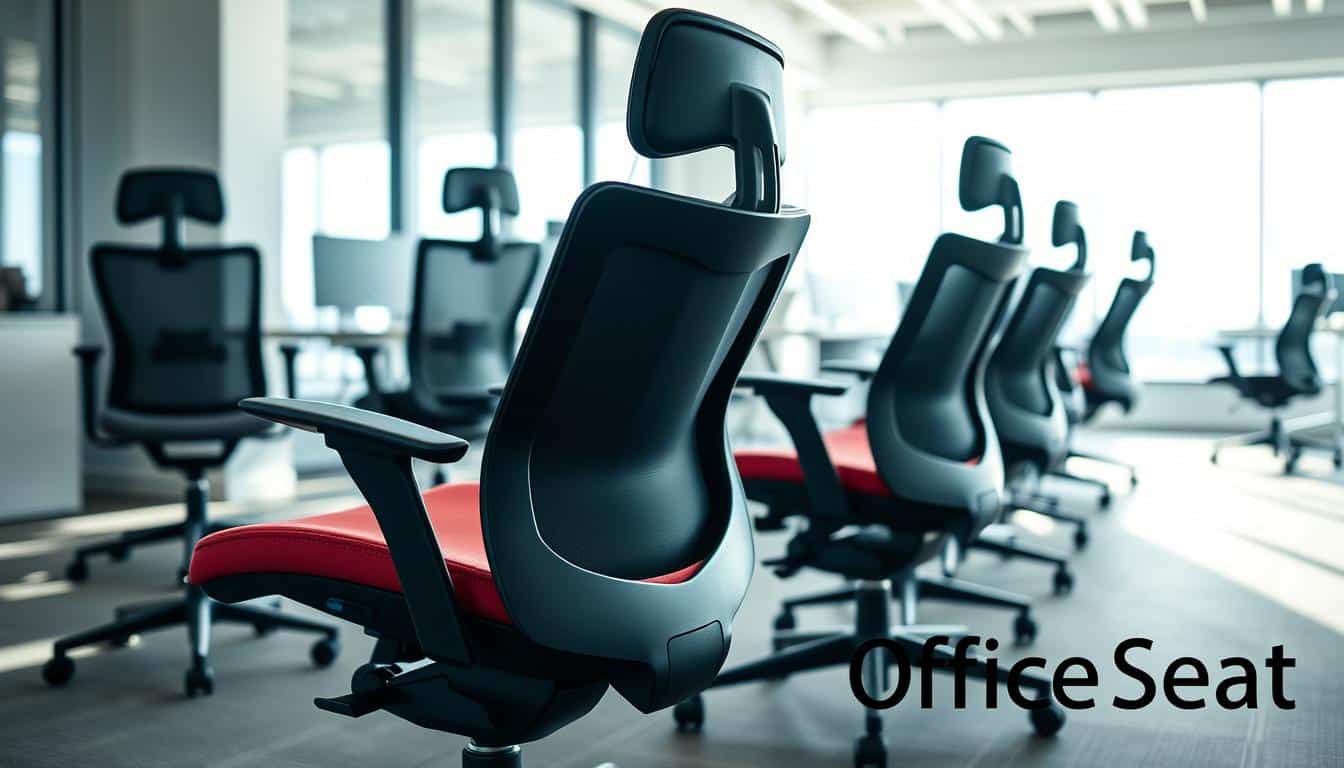 A modern office space featuring ergonomic office chairs in a bright, well-lit setting. In the foreground, a sleek, adjustable ergonomic chair with lumbar support, sleek lines, and a vibrant color scheme. In the middle ground, several additional ergonomic chairs of various designs, highlighting their unique features like breathable mesh backs and adjustable armrests. The background shows a large window with natural light flooding in, creating an inviting and productive atmosphere. Soft shadows enhance the elegant furniture and add depth to the scene. The mood is professional yet comfortable, suitable for a dynamic workplace. Subtly include the brand name "Office Seat" in a stylish, legible font in the lower right corner, ensuring it seamlessly integrates into the image. A modern office space featuring ergonomic office chairs in a bright, well-lit setting. In the foreground, a sleek, adjustable ergonomic chair with lumbar support, sleek lines, and a vibrant color scheme. In the middle ground, several additional ergonomic chairs of various designs, highlighting their unique features like breathable mesh backs and adjustable armrests. The background shows a large window with natural light flooding in, creating an inviting and productive atmosphere. Soft shadows enhance the elegant furniture and add depth to the scene. The mood is professional yet comfortable, suitable for a dynamic workplace. Subtly include the brand name "Office Seat" in a stylish, legible font in the lower right corner, ensuring it seamlessly integrates into the image.
