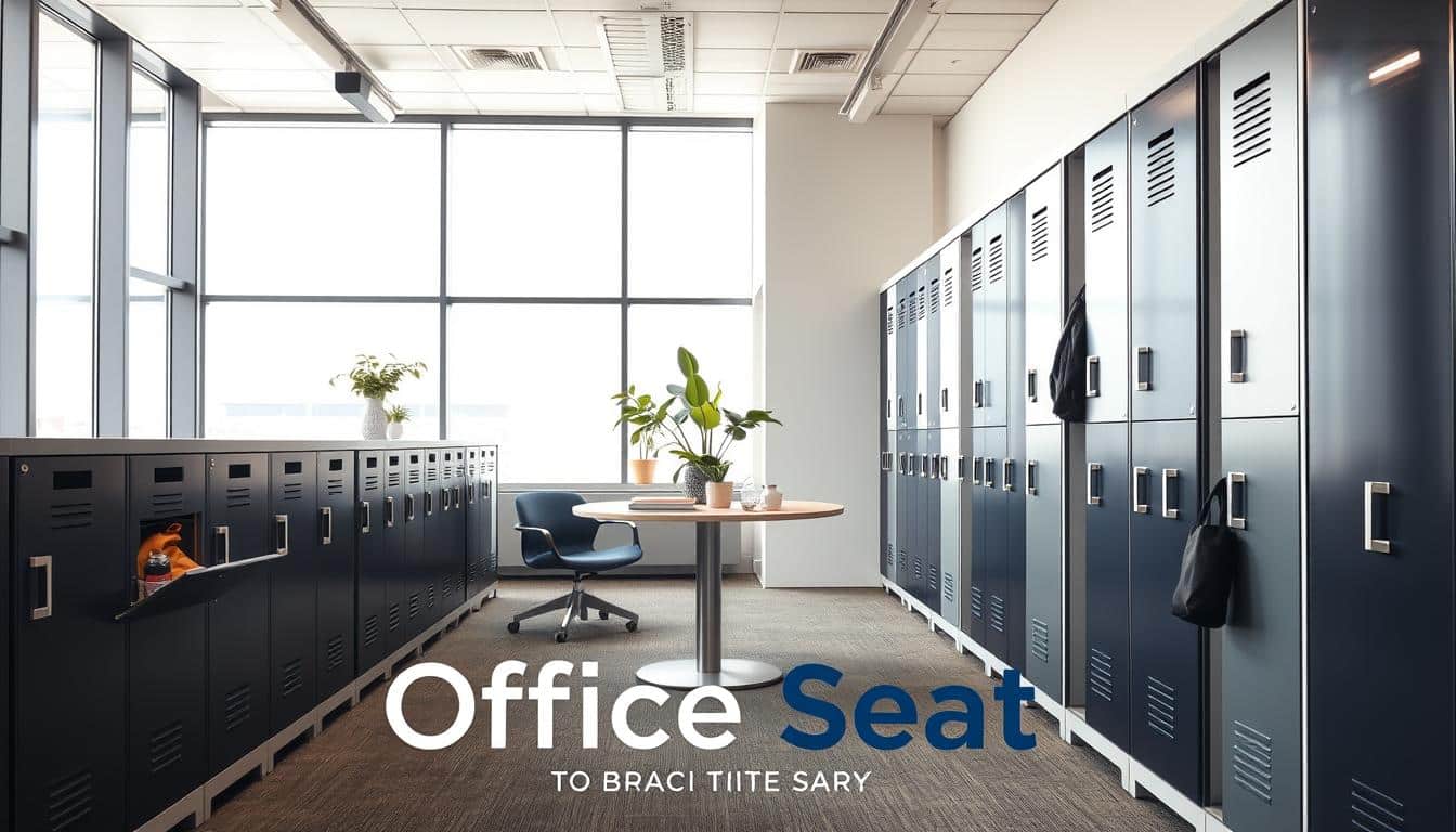 A modern office space featuring sleek, well-organized employee lockers made of metal, showcasing a variety of colors like navy blue, gray, and white. In the foreground, the lockers are neatly lined with some opened to reveal tidy personal belongings such as bags and water bottles. The middle ground includes a round table with plants and office supplies, enhancing the work environment. The background displays large windows allowing natural light to illuminate the scene, adding warmth to the atmosphere. The angle is from slightly above eye level for a comprehensive view. Ensure the brand "Office Seat" is subtly integrated into the scene with a well-readable shadow text. The overall mood is professional, inviting, and efficient. A modern office space featuring sleek, well-organized employee lockers made of metal, showcasing a variety of colors like navy blue, gray, and white. In the foreground, the lockers are neatly lined with some opened to reveal tidy personal belongings such as bags and water bottles. The middle ground includes a round table with plants and office supplies, enhancing the work environment. The background displays large windows allowing natural light to illuminate the scene, adding warmth to the atmosphere. The angle is from slightly above eye level for a comprehensive view. Ensure the brand "Office Seat" is subtly integrated into the scene with a well-readable shadow text. The overall mood is professional, inviting, and efficient.