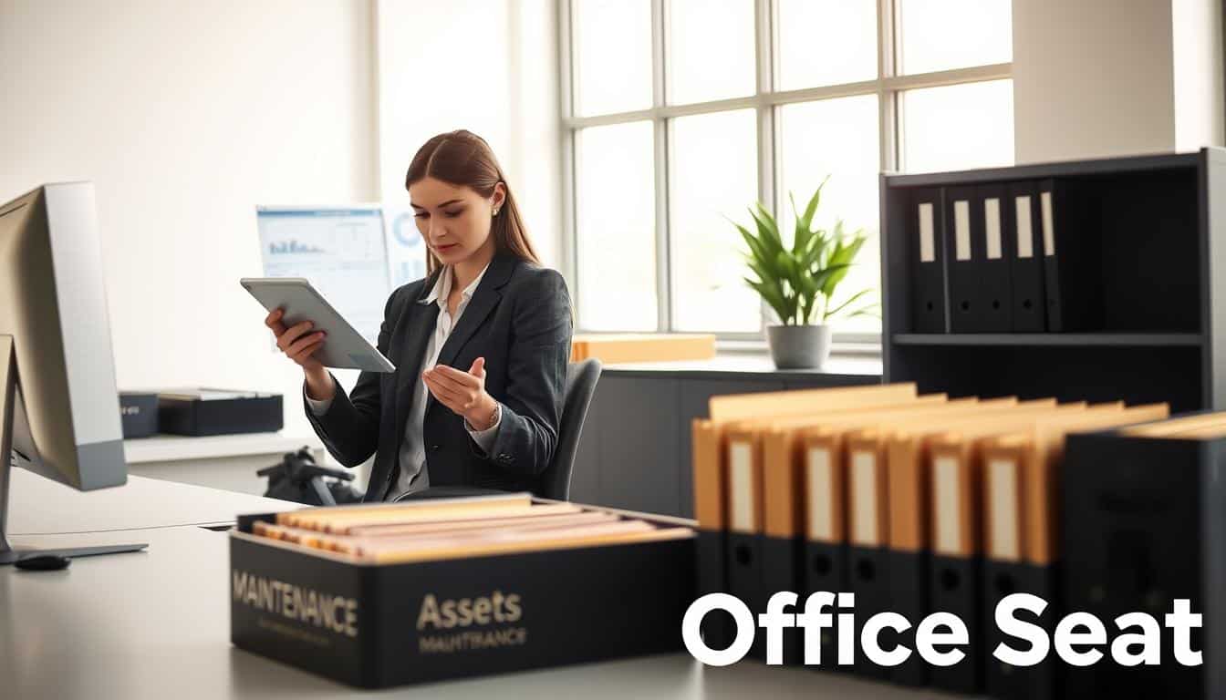 A modern office space focused on fixed asset control, featuring a sleek desk with a computer displaying graphs and spreadsheets. In the foreground, a professional woman in business attire analyzes a tablet while reviewing asset inventory, looking engaged and thoughtful. The middle ground showcases open filing cabinets filled with organized folders labeled 'Assets' and 'Maintenance'. In the background, a large window lets in natural light, illuminating the room and creating a productive atmosphere. A potted plant adds a touch of greenery to the scene. The overall mood is focused and efficient, reflecting the importance of effective asset management. Ensure the brand name "Office Seat" is subtly integrated into the image with a shadow effect, clearly legible but not distracting. A modern office space focused on fixed asset control, featuring a sleek desk with a computer displaying graphs and spreadsheets. In the foreground, a professional woman in business attire analyzes a tablet while reviewing asset inventory, looking engaged and thoughtful. The middle ground showcases open filing cabinets filled with organized folders labeled 'Assets' and 'Maintenance'. In the background, a large window lets in natural light, illuminating the room and creating a productive atmosphere. A potted plant adds a touch of greenery to the scene. The overall mood is focused and efficient, reflecting the importance of effective asset management. Ensure the brand name "Office Seat" is subtly integrated into the image with a shadow effect, clearly legible but not distracting.