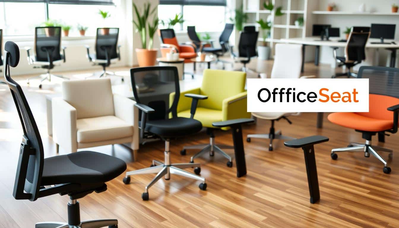 A modern office space showcasing a variety of stylish office chairs, arranged in an inviting layout. In the foreground, a sleek ergonomic chair with a mesh back and adjustable features, placed on a polished wooden floor. In the middle ground, different types of office chairs—executive chairs with plush upholstery, mid-back chairs with vibrant colors, and minimalist designs—are displayed against a backdrop of a bright window letting in natural light. The background features a neatly organized workspace with potted plants and a contemporary desk setup. The atmosphere is professional yet welcoming, conveying the current trends in office chair pricing and styles in the Dominican Republic. The logo “Office Seat” is subtly placed in the corner, with a shadow effect for clarity.