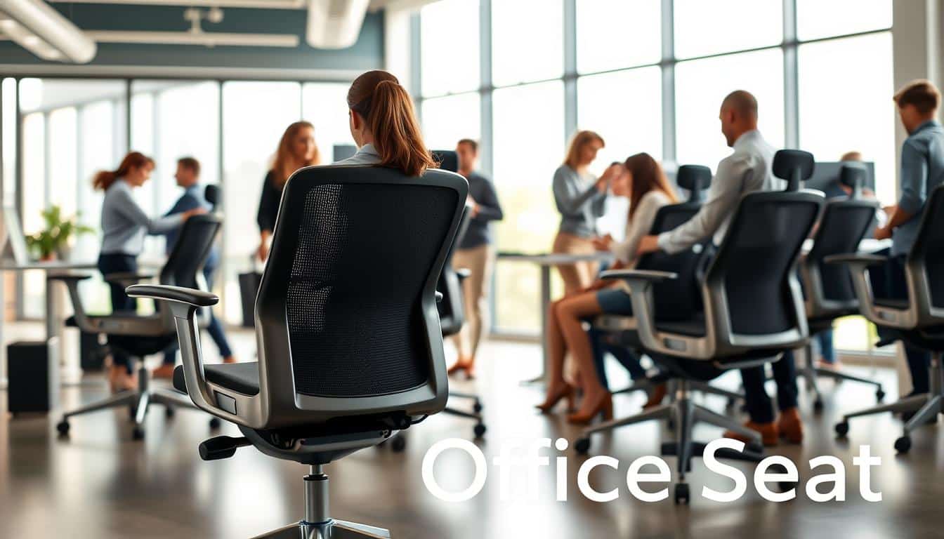 A modern office workspace featuring ergonomic office chairs with adjustable mechanisms prominently displayed. In the foreground, a sleek, stylish office chair with visible height, tilt, and lumbar support adjustments. In the middle ground, a diverse group of professionals in business casual attire experimenting with the chairs, ensuring proper posture and comfort. The background showcases a well-lit, contemporary office environment with natural light streaming through large windows, enhancing the atmosphere of productivity and wellness. The image should maintain a balanced composition, using a wide-angle lens to capture the entire setup. Soft, professional lighting creates a warm, inviting mood. In the bottom corner, include the brand name "Office Seat" subtly in shadowed text for clear visibility. A modern office workspace featuring ergonomic office chairs with adjustable mechanisms prominently displayed. In the foreground, a sleek, stylish office chair with visible height, tilt, and lumbar support adjustments. In the middle ground, a diverse group of professionals in business casual attire experimenting with the chairs, ensuring proper posture and comfort. The background showcases a well-lit, contemporary office environment with natural light streaming through large windows, enhancing the atmosphere of productivity and wellness. The image should maintain a balanced composition, using a wide-angle lens to capture the entire setup. Soft, professional lighting creates a warm, inviting mood. In the bottom corner, include the brand name "Office Seat" subtly in shadowed text for clear visibility.