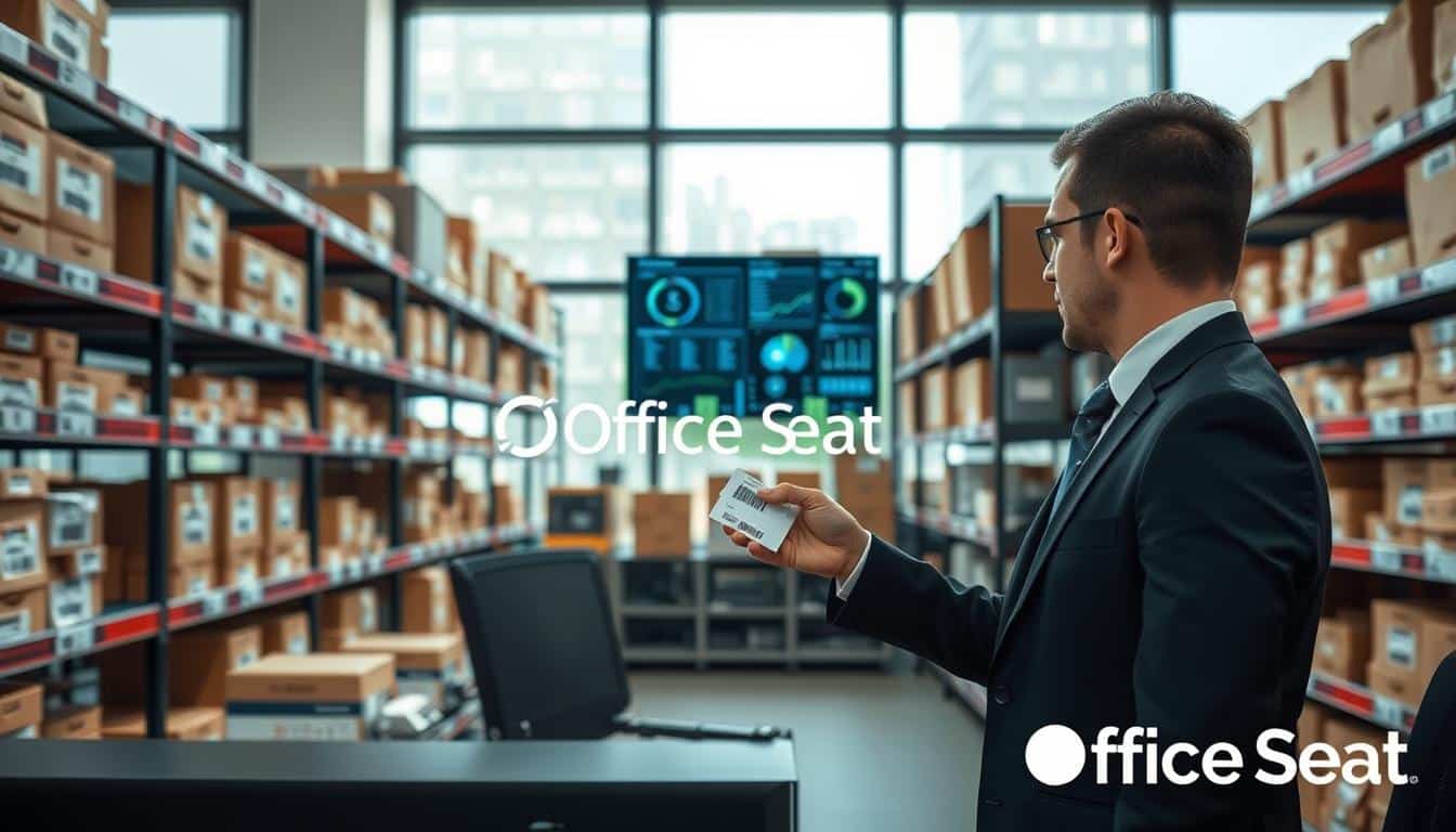 A modern, well-organized inventory control room showcasing precise management of fixed asset labels. In the foreground, a professional wearing business attire is meticulously scanning a barcoded asset tag with a handheld device. The middle layer features neatly arranged shelves filled with labeled boxes and equipment, demonstrating efficiency in asset tracking. A digital display showcases analytics related to inventory and auditing processes. The background reveals large windows allowing natural light to fill the room, creating an inviting atmosphere. Soft, diffused lighting enhances the clarity of the scene. The image should include a subtle shadow text overlay of the brand name “Office Seat,” ensuring legibility while maintaining professionalism.