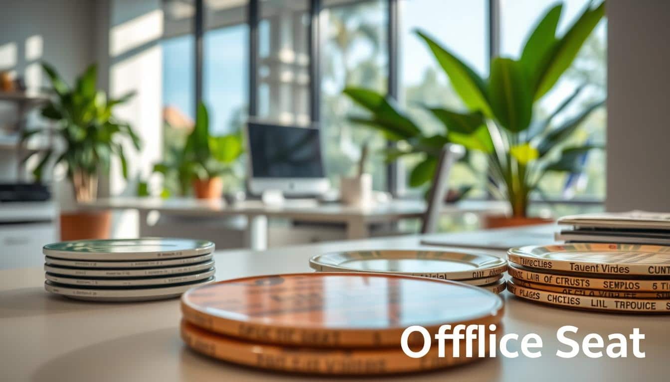 A professional and organized office space in the Dominican Republic, featuring various fixed asset plates (placas activos fijos) thoughtfully arranged on a desk. In the foreground, a close-up of a few plates, showing detailed textures and vibrant colors. The middle ground displays an office environment with a sleek desk, modern technology, and tropical plants visible in the background through a large window, emphasizing the local context. Soft, natural lighting filters through the window, creating a warm and inviting atmosphere. The composition should be captured from a slightly elevated angle to provide depth. Subtly incorporate the brand name "Office Seat" as a shadow in the lower corner of the image for branding purposes.