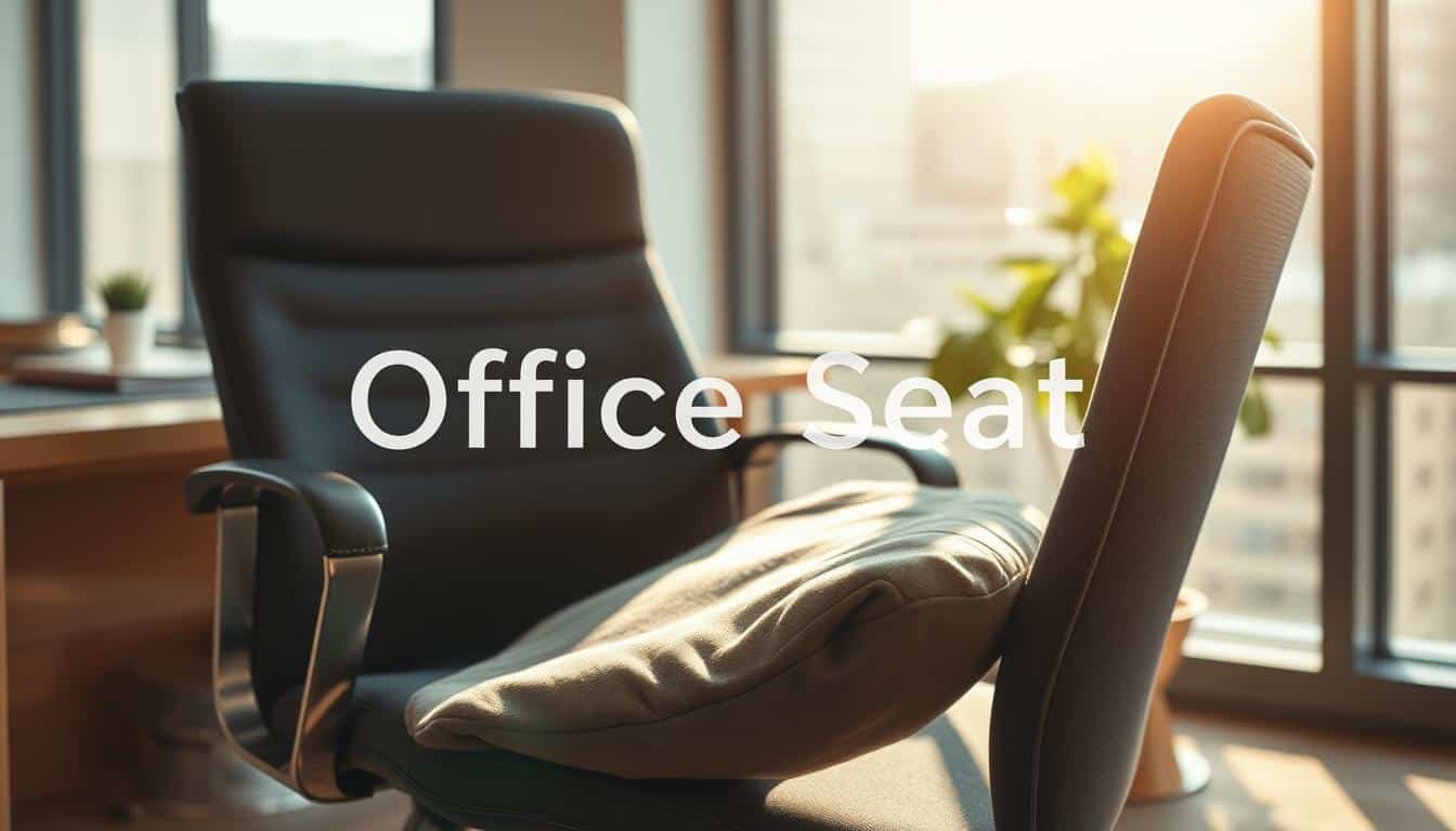 A professional executive chair with visibly low padding and a deflated seat cushion, emphasizing lost comfort. The chair should be positioned in a well-lit modern office setting, with soft sunlight streaming through a large window, creating a warm atmosphere. In the foreground, focus on the worn fabric and sagging seat to illustrate its poor condition, while subtle office elements like a desk and plant are placed in the background. Use a shallow depth of field to highlight the chair while softly blurring the background. The image should have an inviting yet slightly melancholic mood, capturing the essence of lost comfort in an executive environment. Include the brand name "Office Seat" subtly imprinted in the shadowed area of the chair, ensuring it is well legible.