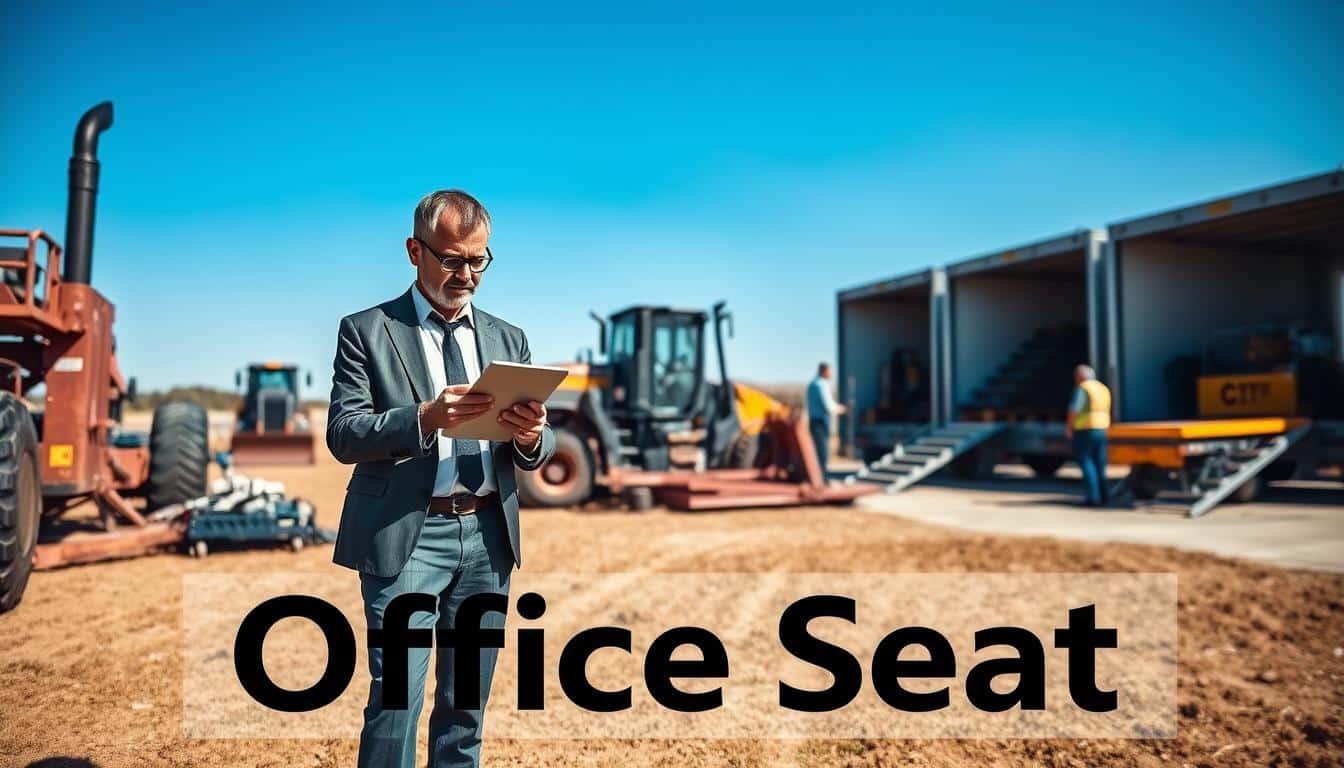 A professional field setting showcasing "captura en campo" for asset registration. In the foreground, a focused business professional in a smart casual outfit is inspecting a heavy piece of machinery, taking notes on a digital tablet. The middle ground features organized equipment and tools, reflecting a systematic approach to asset management. In the background, a clear blue sky contrasts with a well-structured loading area, where other professionals conduct asset inspections. Natural sunlight illuminates the scene, creating soft shadows and highlighting details. The atmosphere is calm yet industrious, hinting at meticulous preparation without any improvisation. Subtly integrated into the image is the brand name "Office Seat" etched in a clear, legible shadow at the bottom of the frame. A professional field setting showcasing "captura en campo" for asset registration. In the foreground, a focused business professional in a smart casual outfit is inspecting a heavy piece of machinery, taking notes on a digital tablet. The middle ground features organized equipment and tools, reflecting a systematic approach to asset management. In the background, a clear blue sky contrasts with a well-structured loading area, where other professionals conduct asset inspections. Natural sunlight illuminates the scene, creating soft shadows and highlighting details. The atmosphere is calm yet industrious, hinting at meticulous preparation without any improvisation. Subtly integrated into the image is the brand name "Office Seat" etched in a clear, legible shadow at the bottom of the frame.